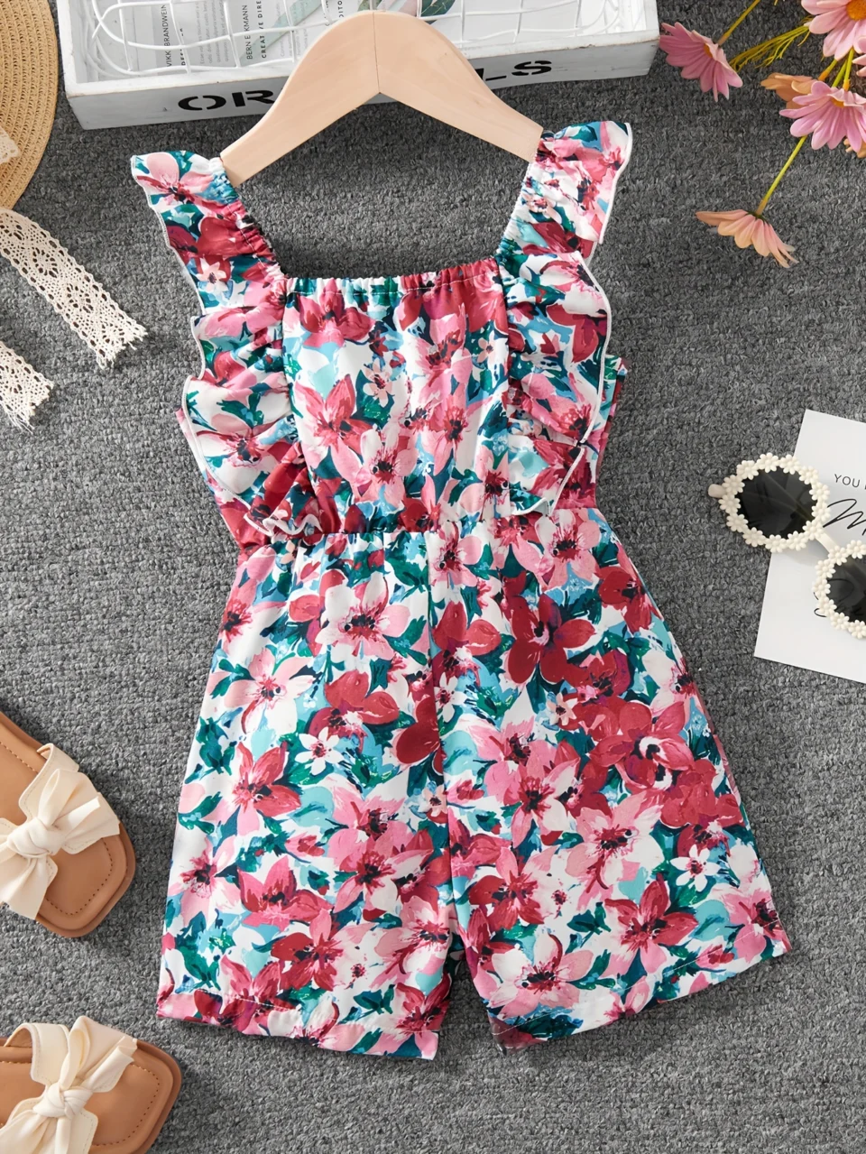 Girls Romper All Season Tropical Floral Ruffle Easy Care Ages 1-8