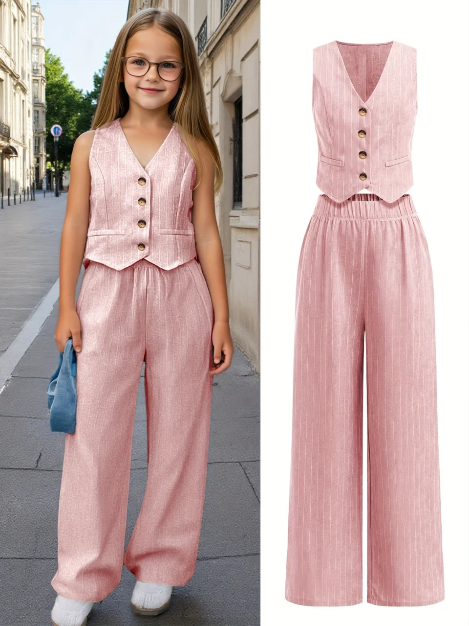 Girls Vest Pants Set Spring-Summer-Fall 2-Piece Striped Stretch Teen