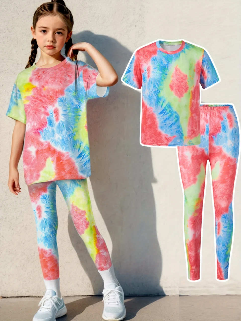 Girls T-Shirt Set Spring Fall 2-Piece Tie Dye Stretch Comfort Ages 1-8