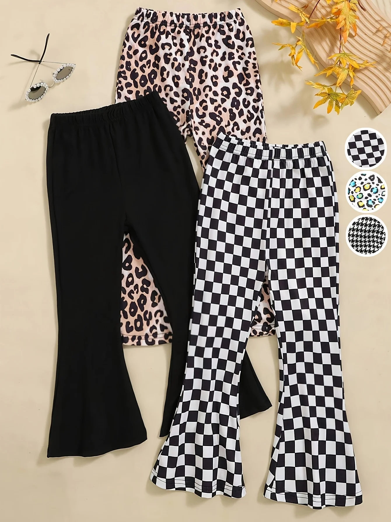 Girls Flare Pants All Season 3-Piece Leopard Print Houndstooth Stretch