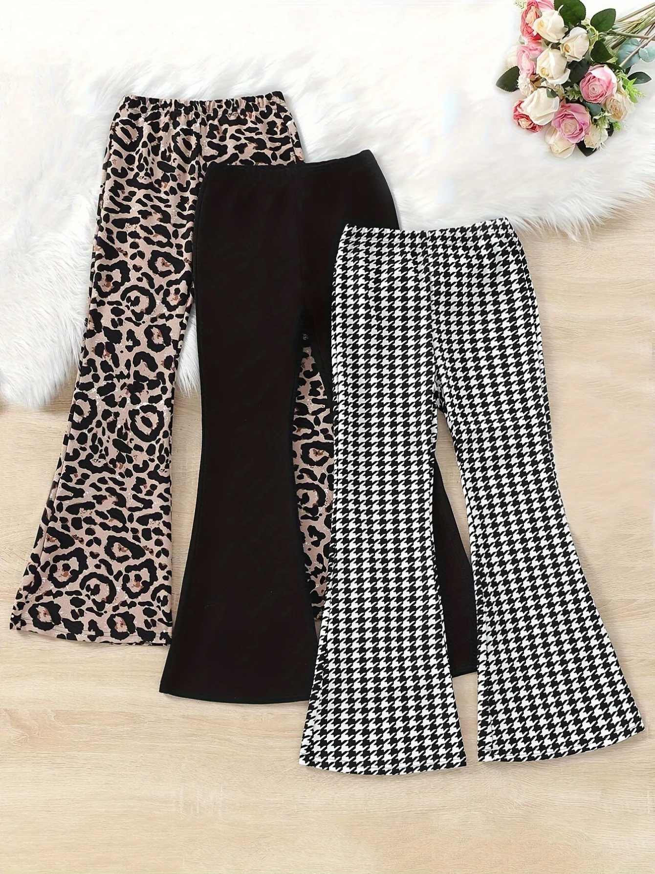 Detail 13 of Girls Flare Pants All Season 3-Piece Leopard Print Houndstooth Stretch by LUNORIANA