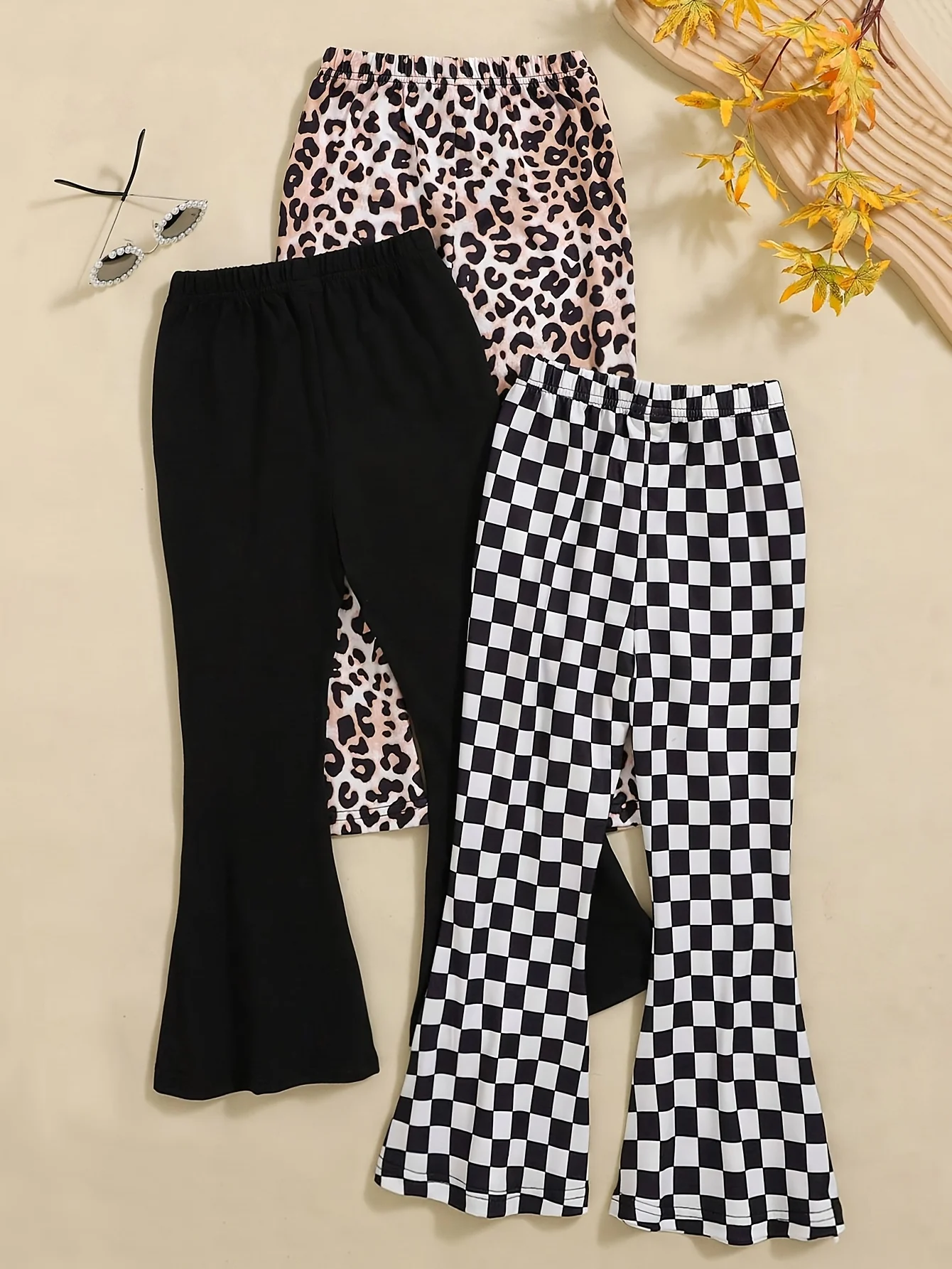 Detail 9 of Girls Flare Pants All Season 3-Piece Leopard Print Houndstooth Stretch by LUNORIANA