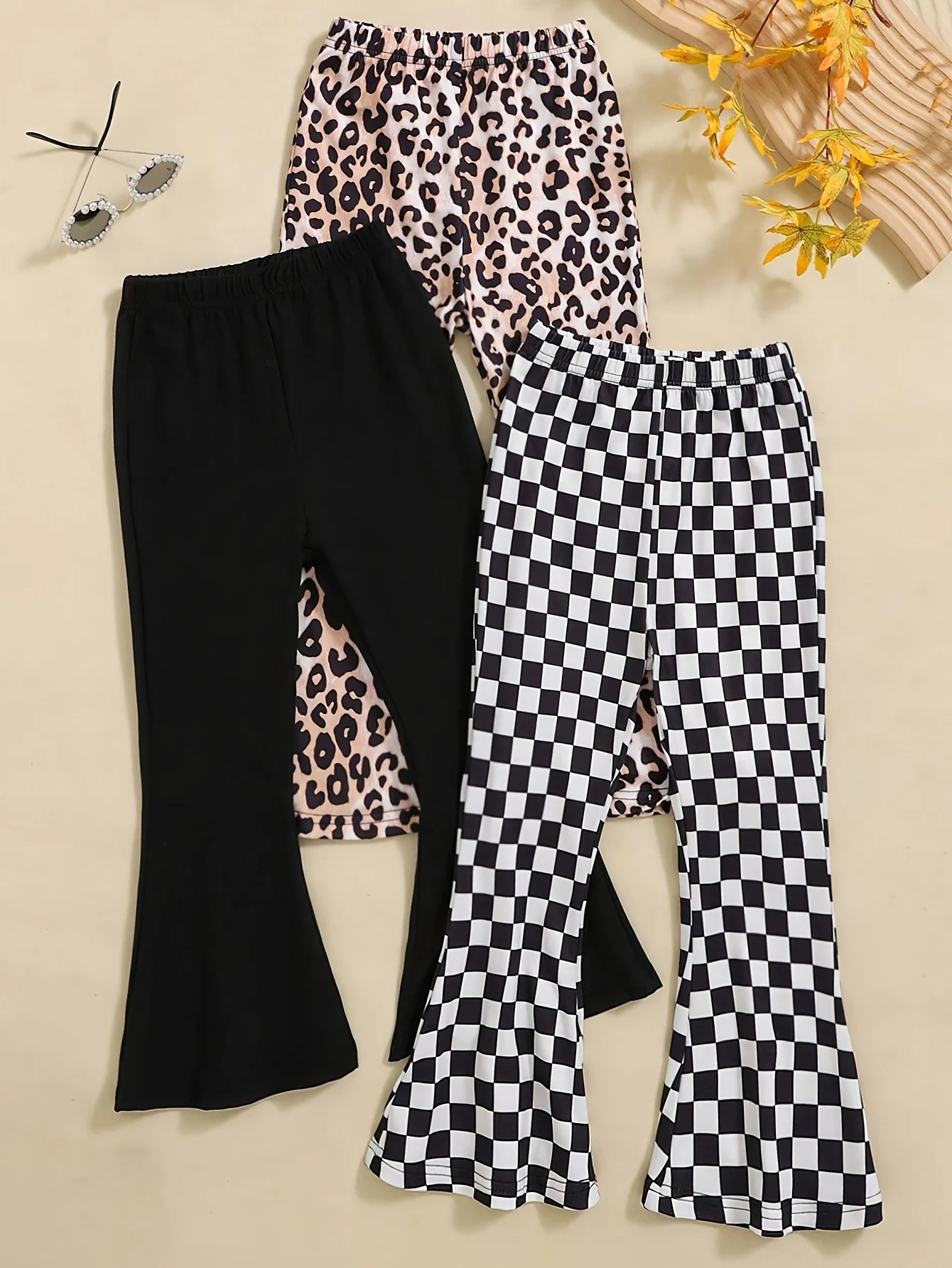 Detail 8 of Girls Flare Pants All Season 3-Piece Leopard Print Houndstooth Stretch by LUNORIANA