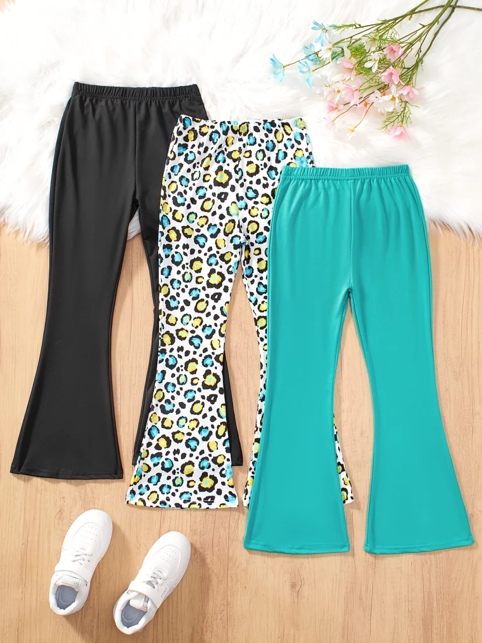 Girls Flare Pants All Season 3-Piece Leopard Print Houndstooth Stretch