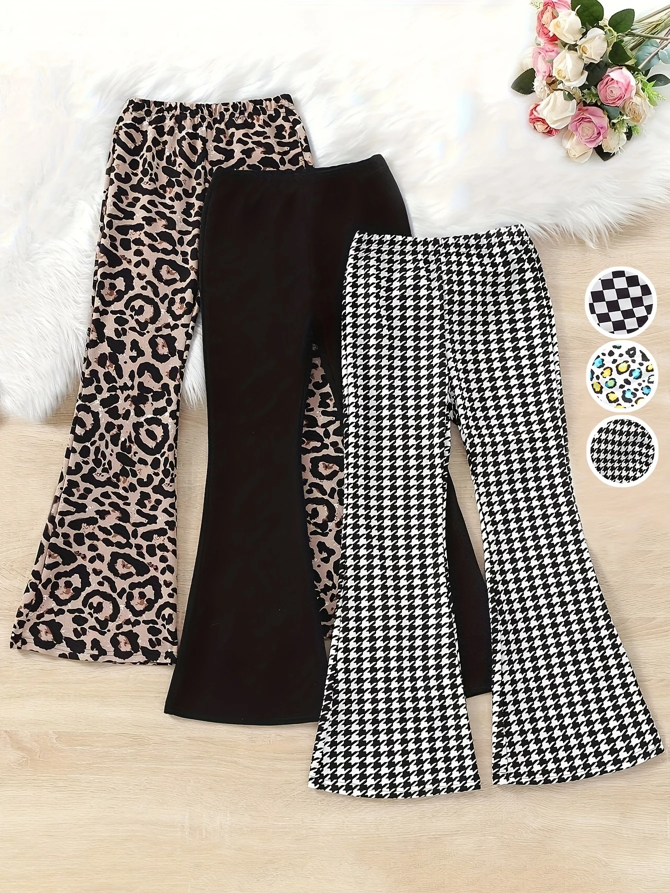Girls Flare Pants All Season 3-Piece Leopard Print Houndstooth Stretch