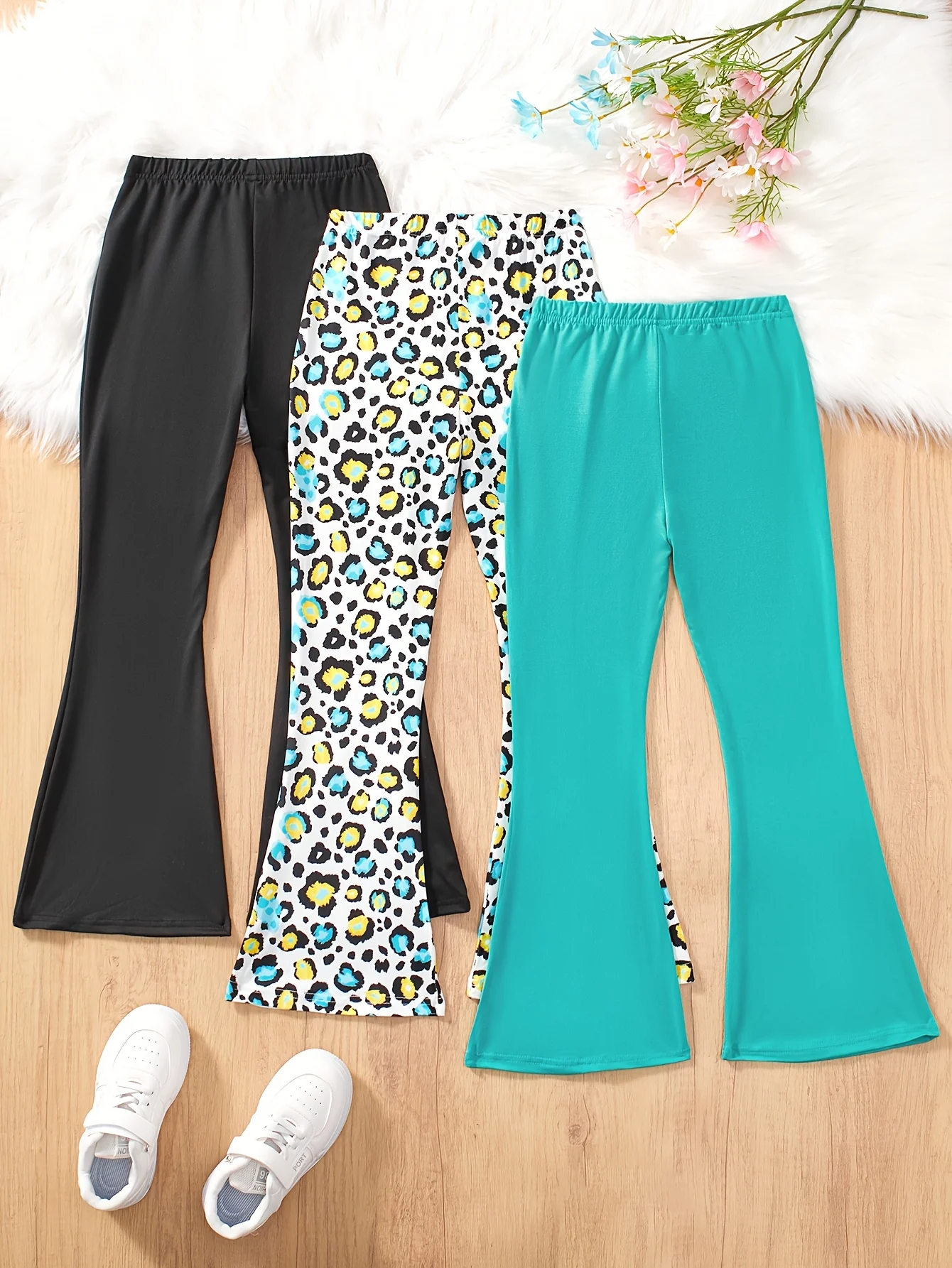 Detail 3 of Girls Flare Pants All Season 3-Piece Leopard Print Houndstooth Stretch by LUNORIANA