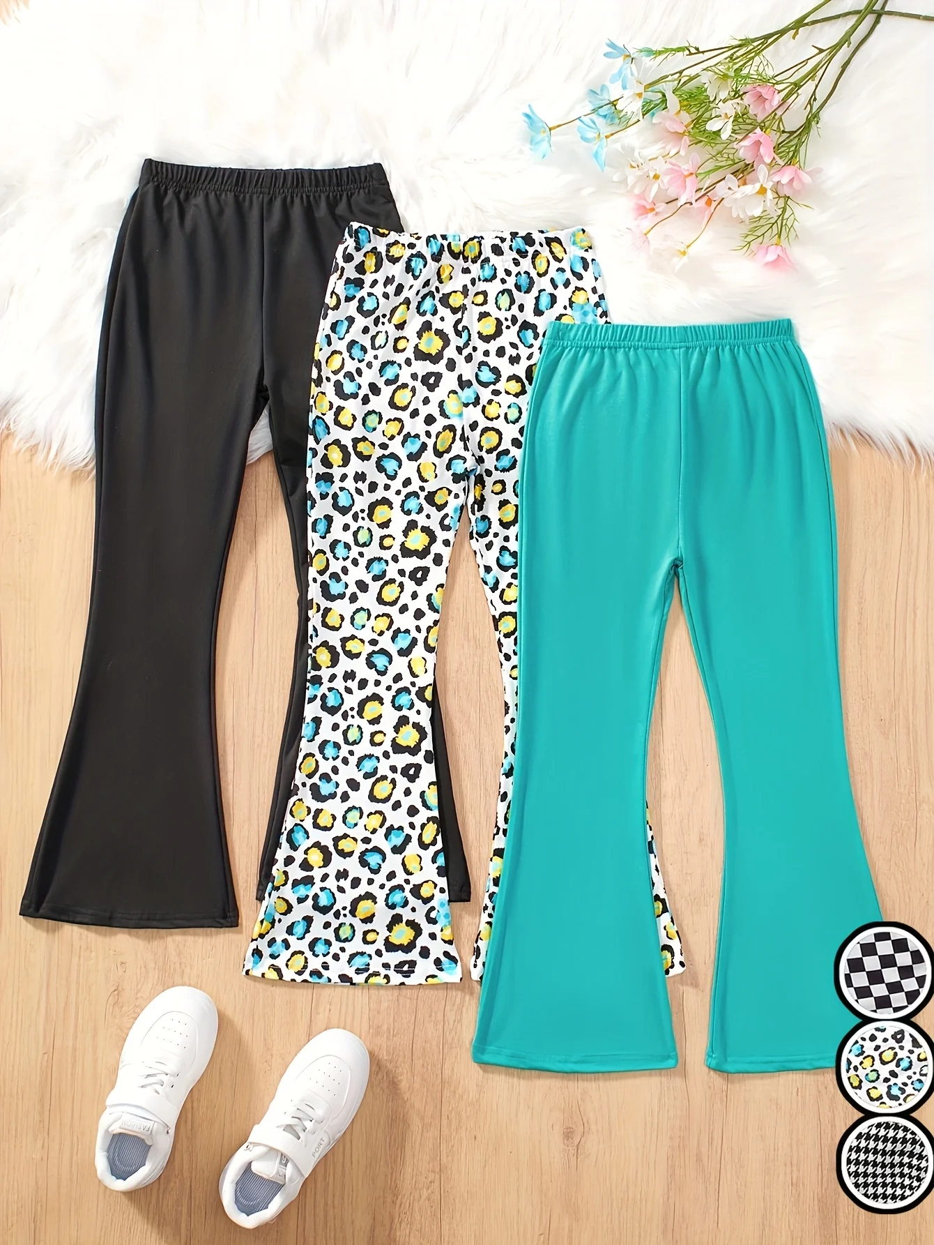 Detail 7 of Girls Flare Pants All Season 3-Piece Leopard Print Houndstooth Stretch by LUNORIANA