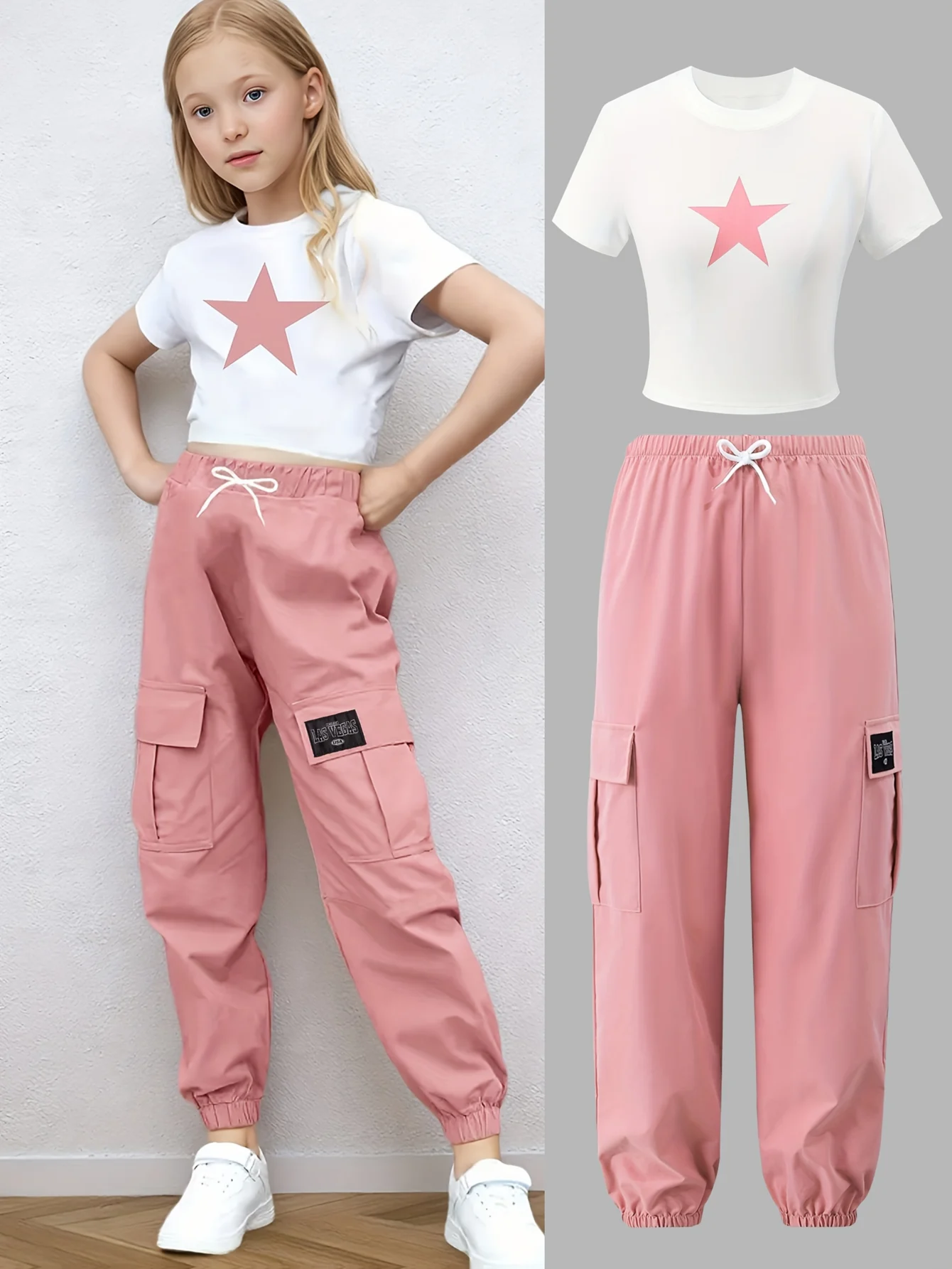 Girls T-Shirt Cargo Pants Set Spring-Summer-Fall 2-Piece Star Print