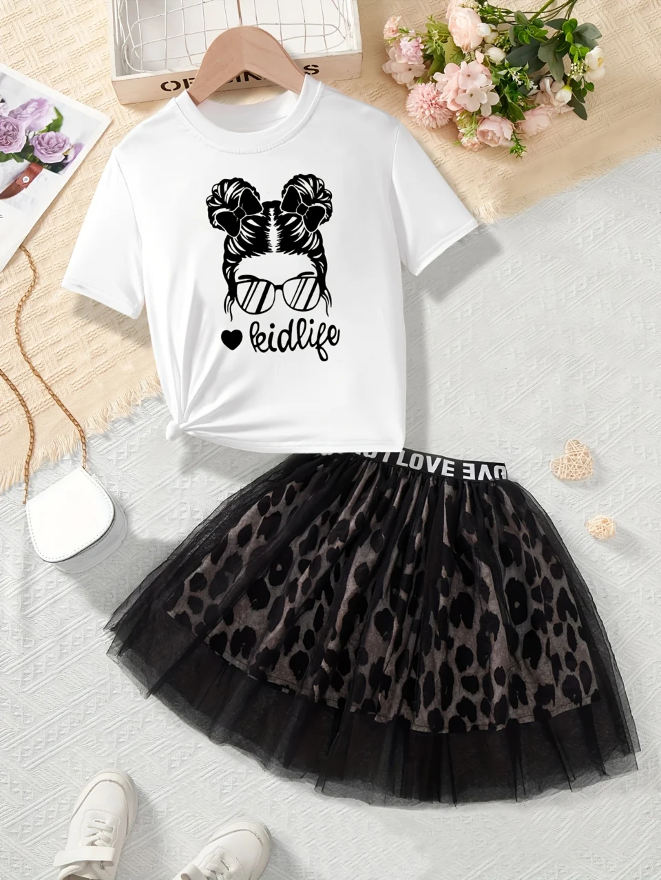 Girls T-Shirt Set Summer 2-Piece Leopard Print Letter Print Stretch