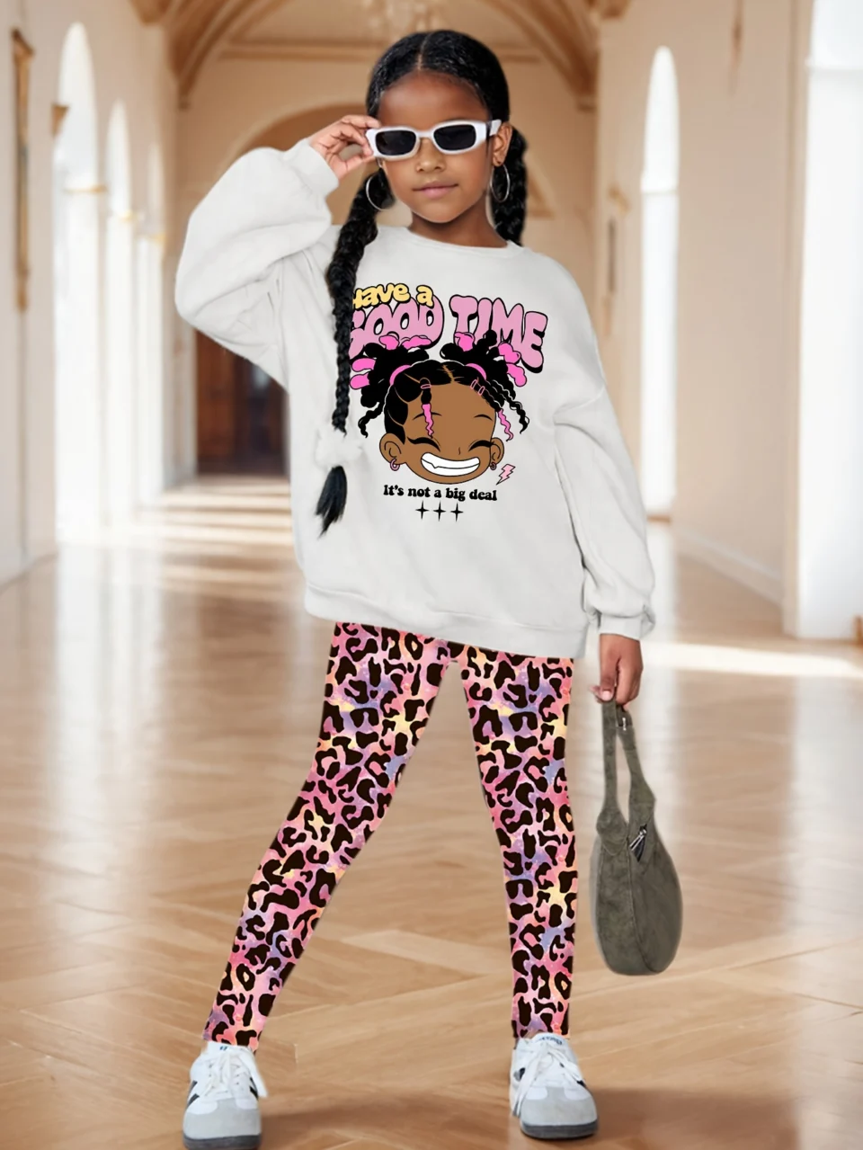 Girls Leggings Spring Fall 2-Piece Leopard Print Graphic Stretch