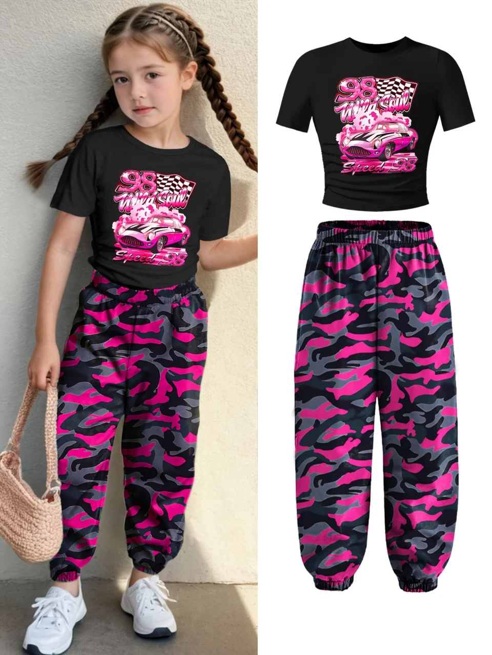 Girls T-Shirt Cargo Pants Set Spring-Summer-Fall 2-Piece Graphic