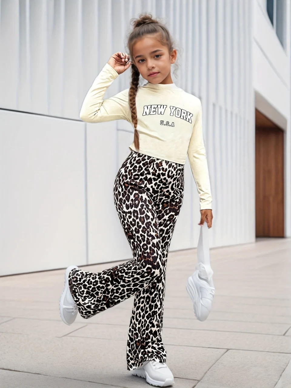Girls Flare Pants All Season 2-Piece Leopard Print Graphic Stretch