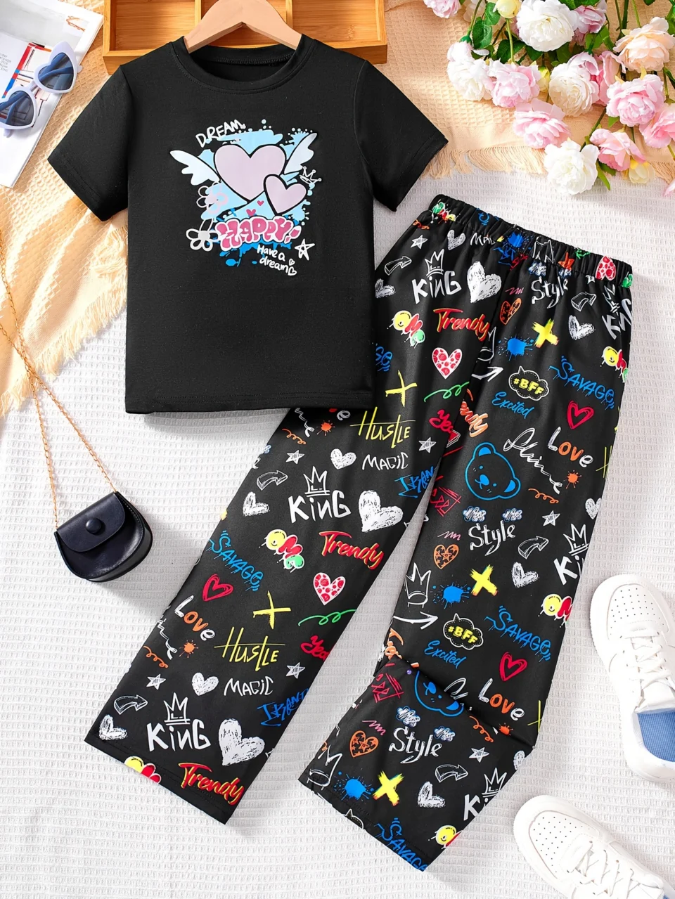 Girls T-Shirt Set Summer 2-Piece Graphic Stretch Comfort Teen Girls