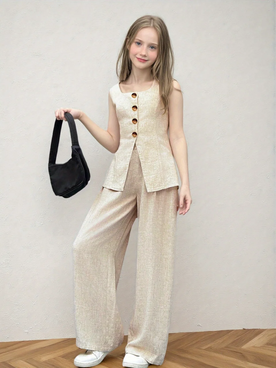 Girls Vest Pants Set Spring-Summer-Fall 2-Piece Solid Stretch Teen