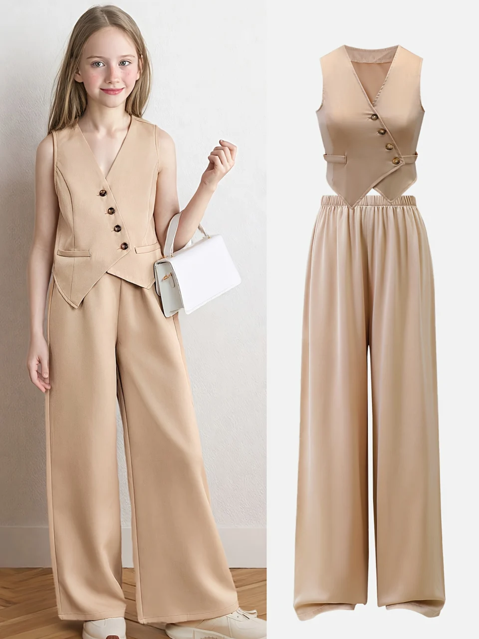 Teen Girls Asymmetrical Blazer Vest Straight Leg Pants 2-Piece Set Spring Summer