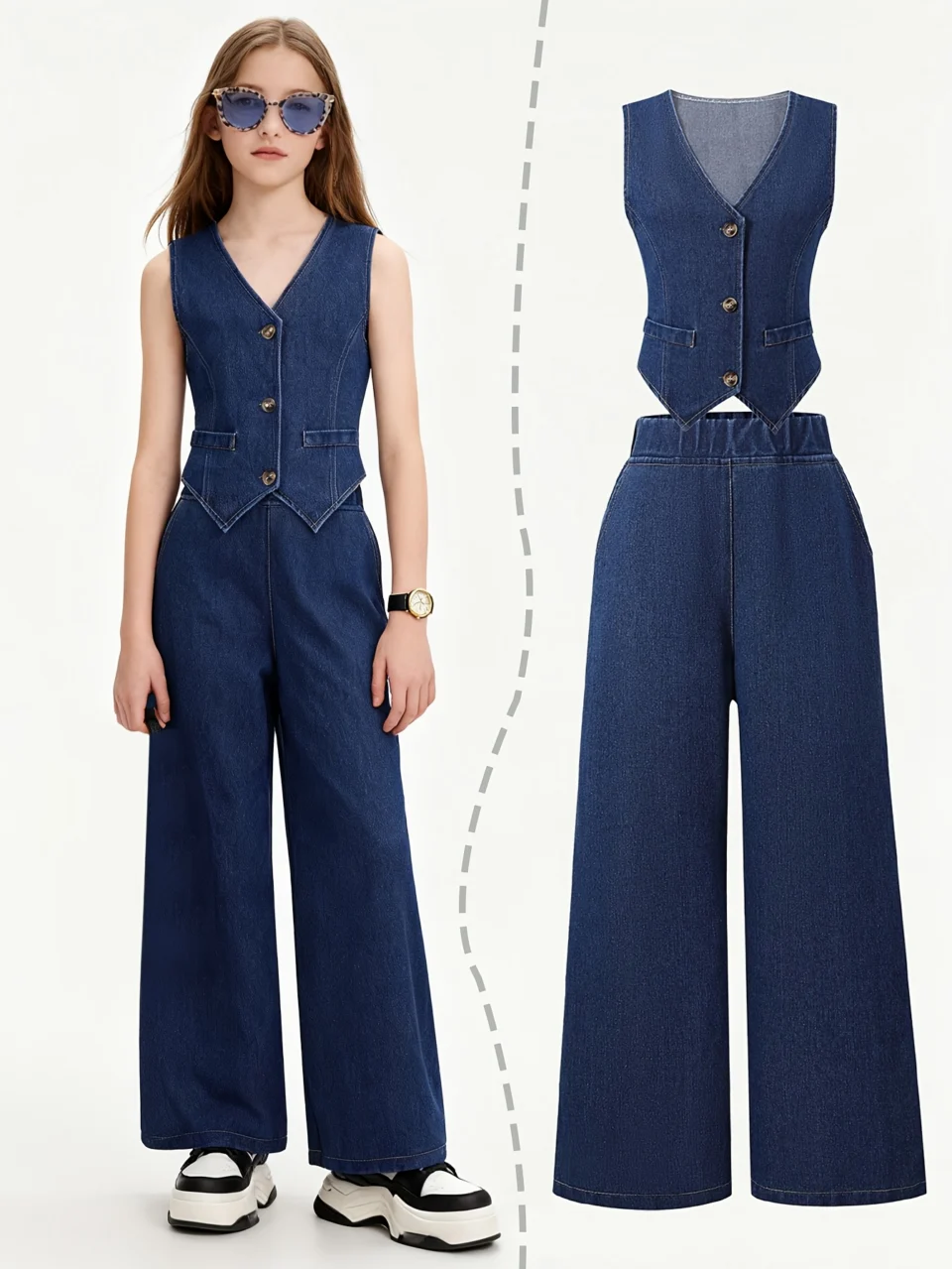 Teen Girls Vest Jeans 2-Piece Set Solid Spring Summer Easy Care