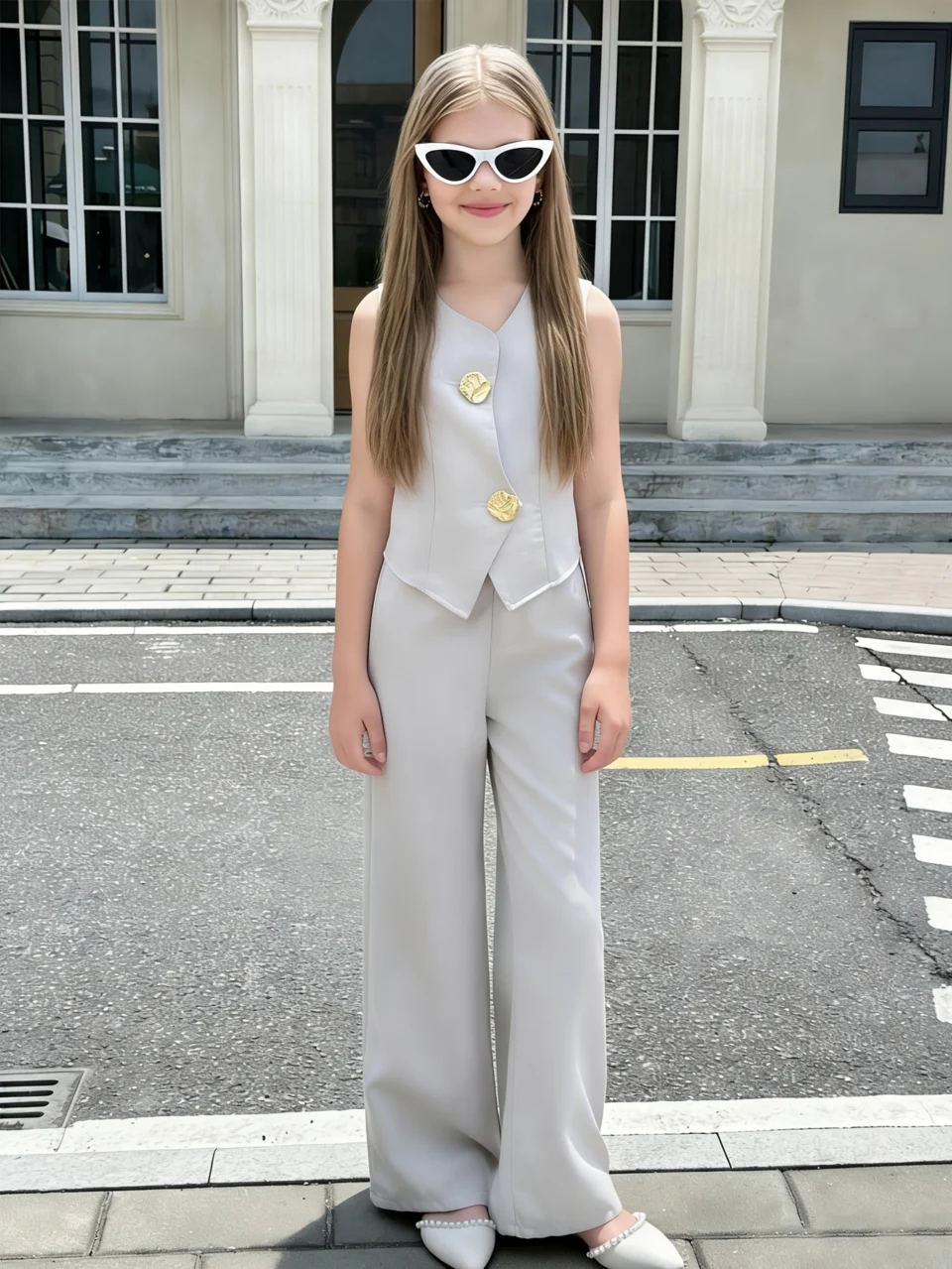 Teen Girls Blazer Vest Wide Leg Pants 2-Piece Set Solid Spring Summer Easy Care