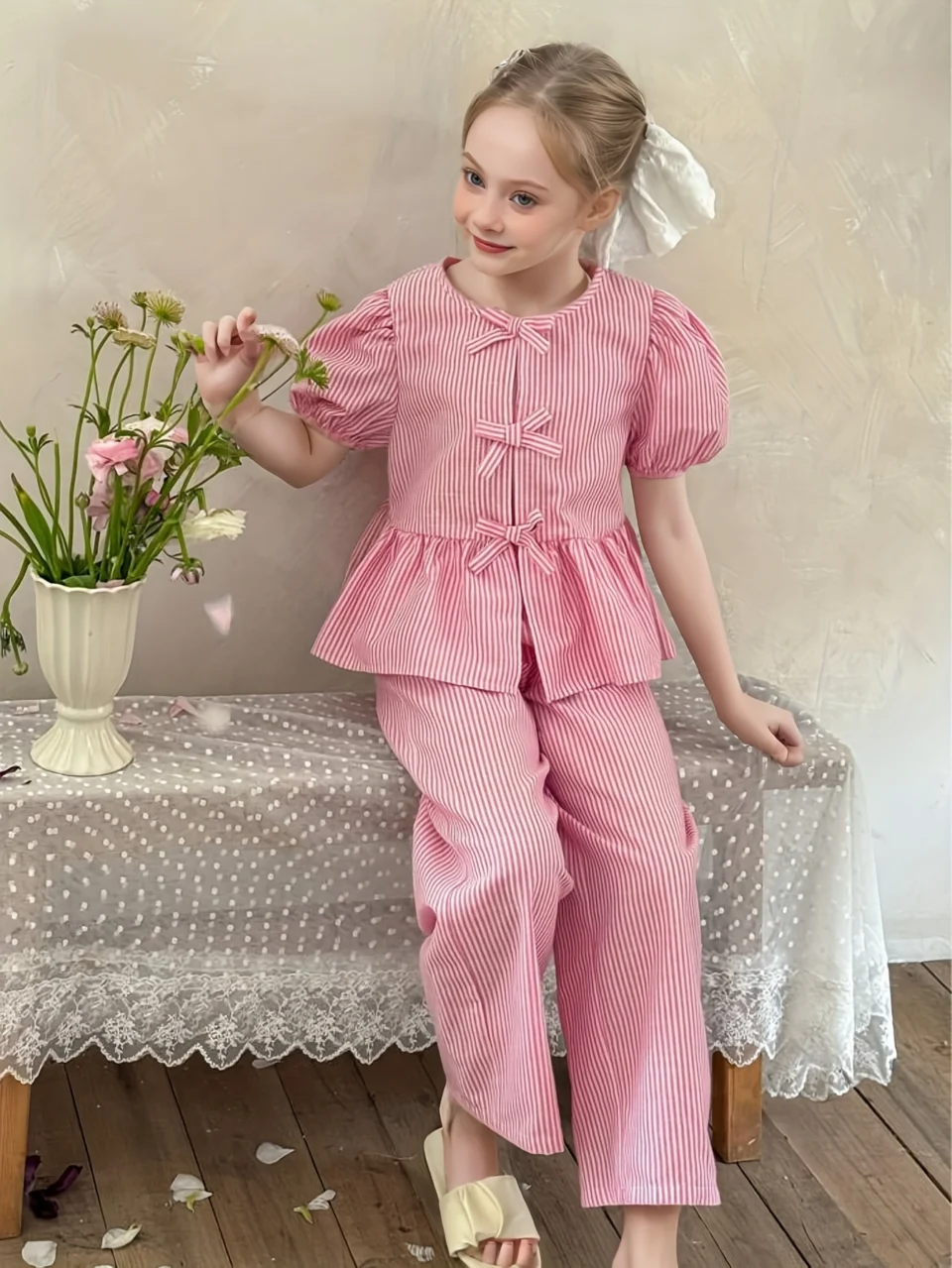 Girls Loose Fit Wide Leg Pants 2-Piece Set Graphic Spring Summer Easy Care