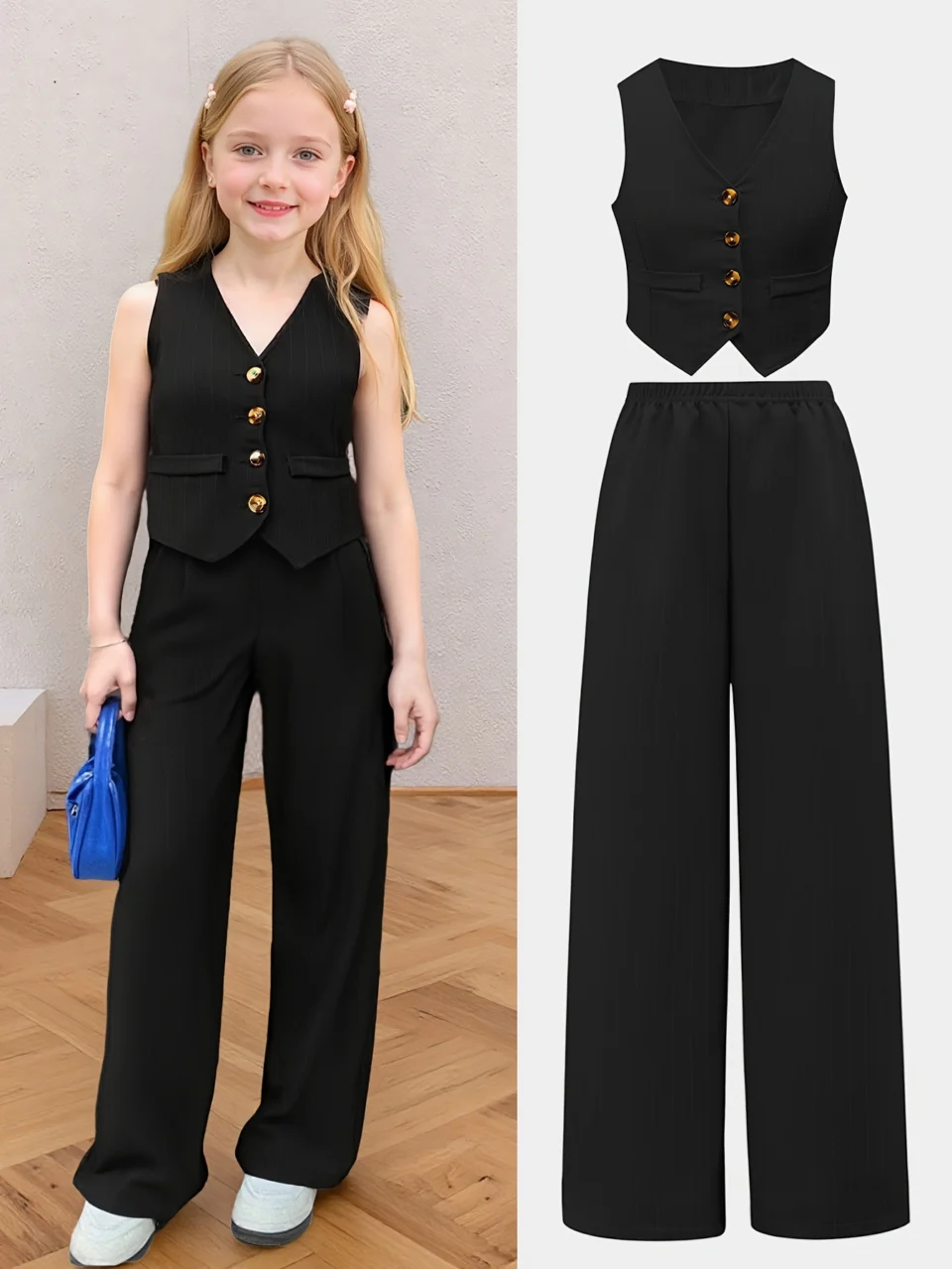 Teen Girls Loose Fit Blazer Vest Loose Pants 2-Piece Set Striped Spring Summer - SPUID 4372828542