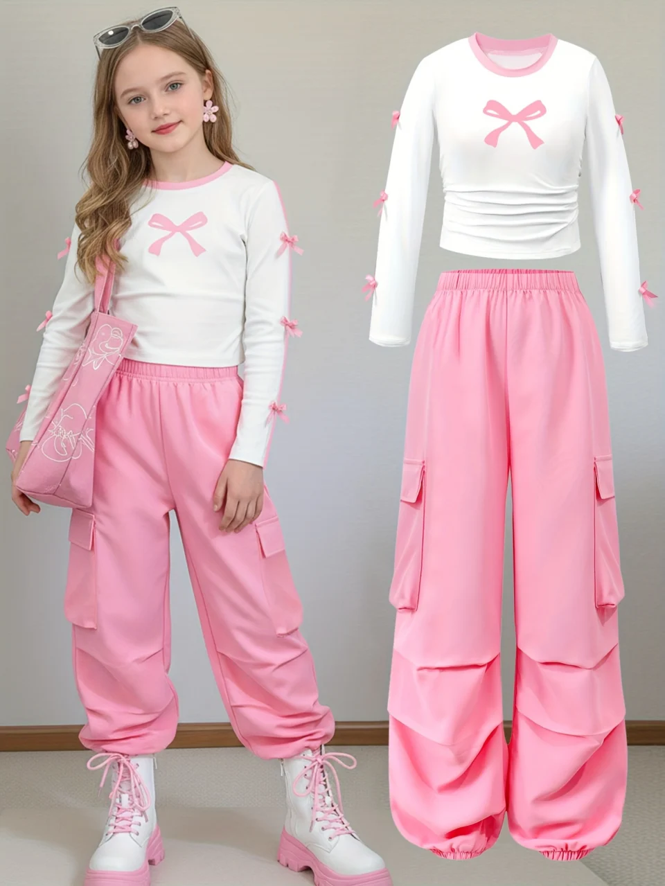 Teen Girls T-Shirt Cargo Pants 2-Piece Set Graphic Fall Winter Stretch