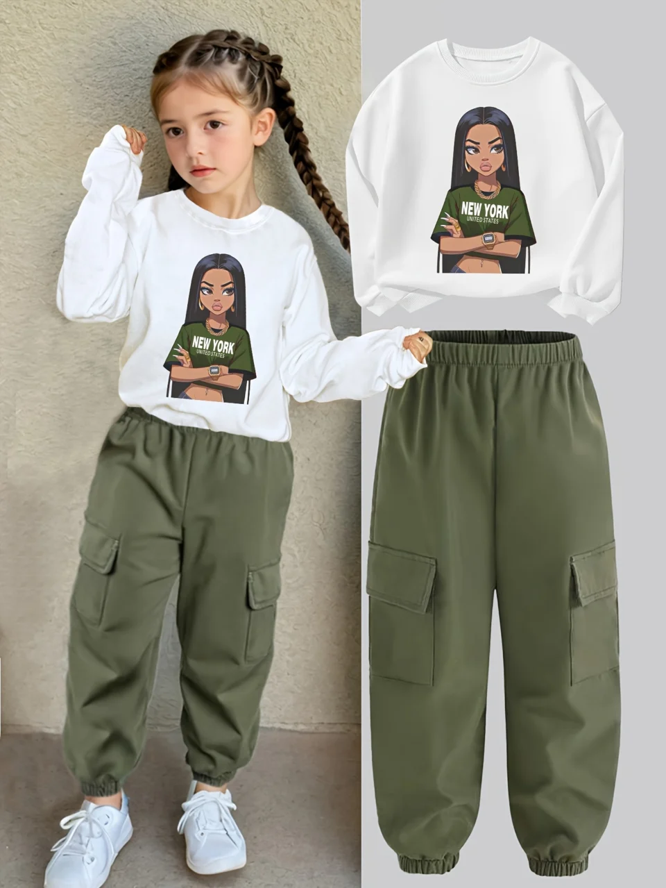 Teen Girls Y2K Streetwear Sweatshirt Cargo Pants 2-Piece Set Graphic Print Fall