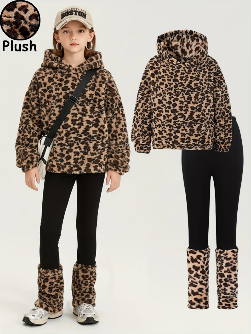 Teen Girls Hoodie Pants 2-Piece Set Leopard Print Fall Winter Stretch