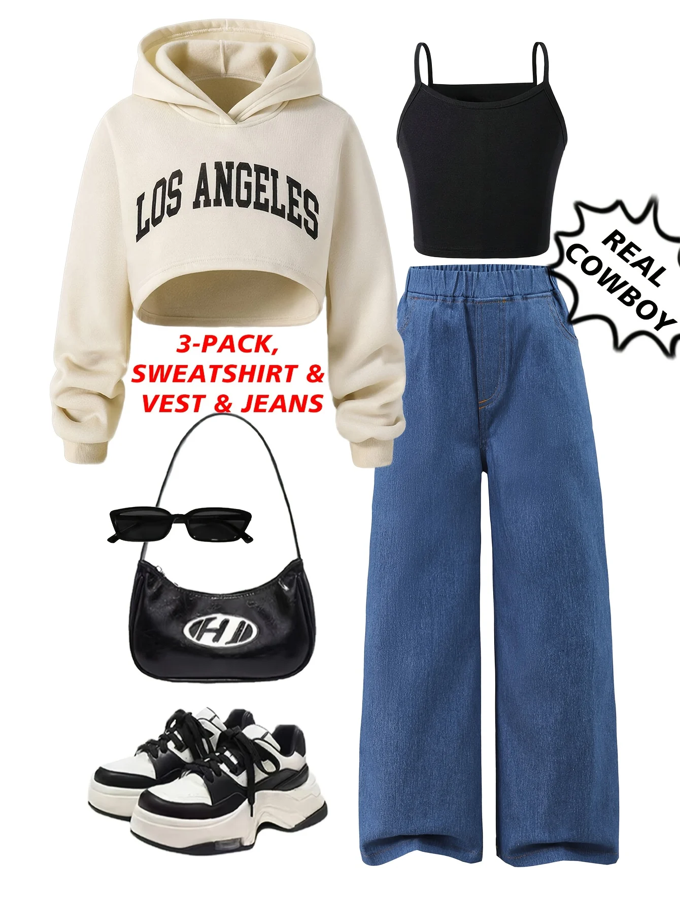 Teen Girls Hoodie Jeans 3-Piece Set Graphic Fall Winter Easy Care