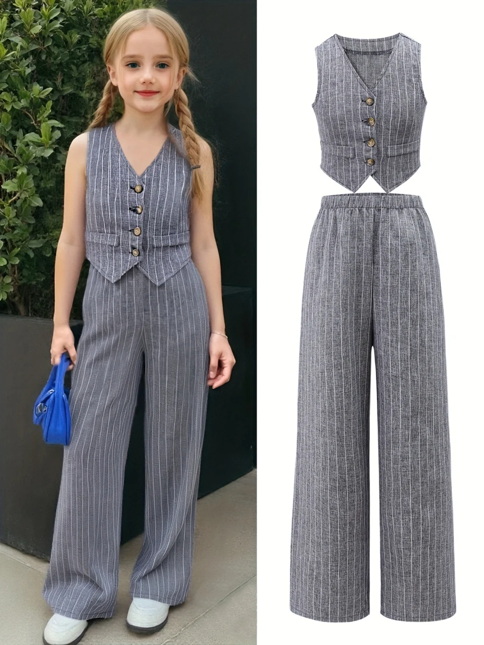 Teen Girls Loose Fit Blazer Vest Loose Pants 2-Piece Set Striped Spring Summer - SPUID 7786273879