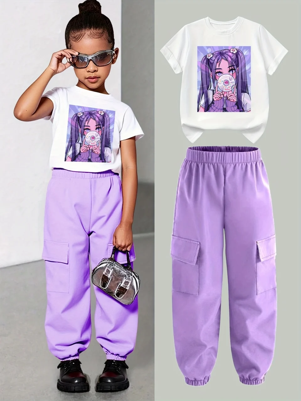 Teen Girls Y2K Streetwear T-Shirt Cargo Pants 2-Piece Set Spring Summer