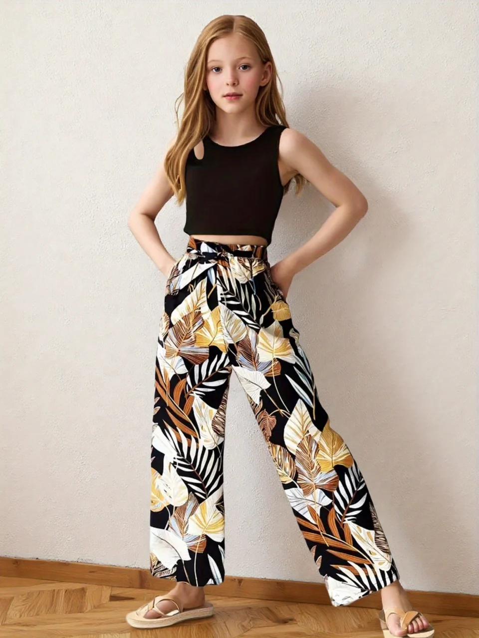 Kids Wide Leg Pants 2-Piece Set Graphic Spring Summer Stretch