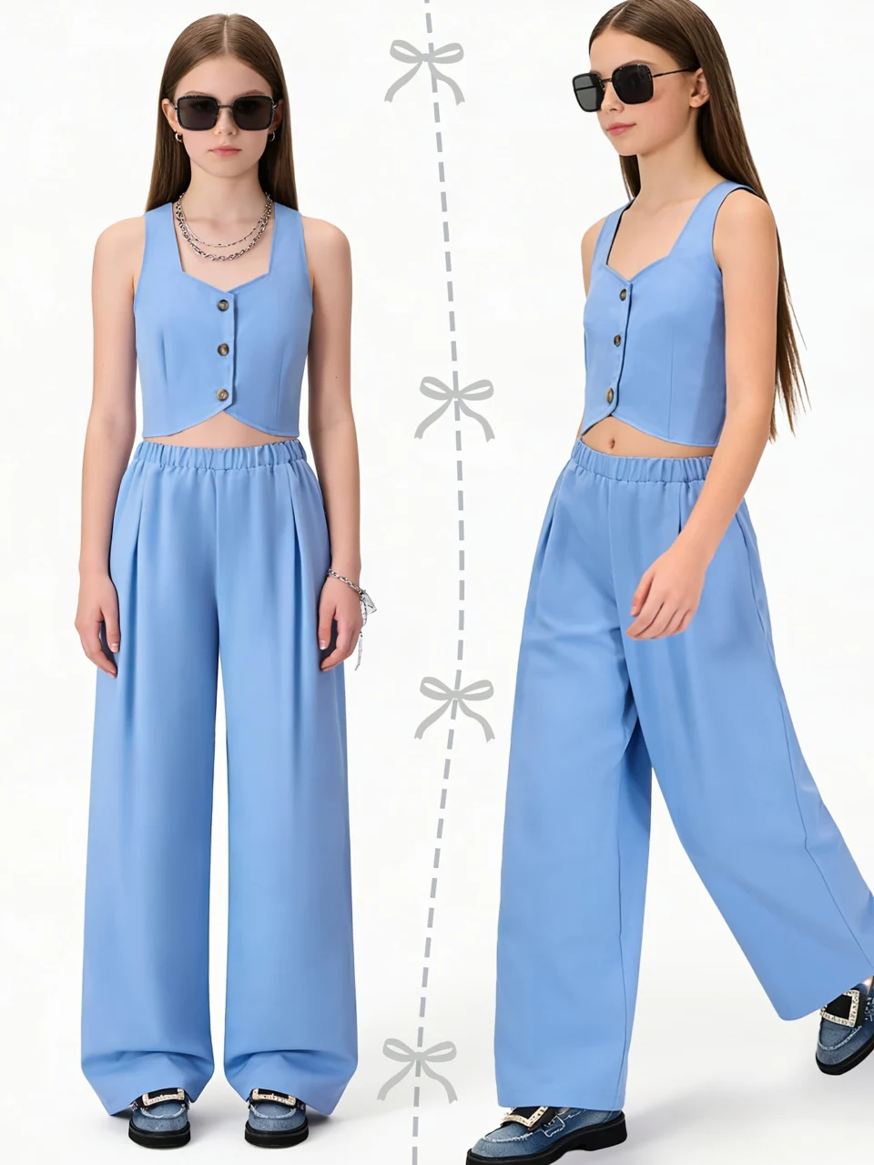 Girls Blazer Vest Wide Leg Pants 2-Piece Set Solid Spring Summer Stretch