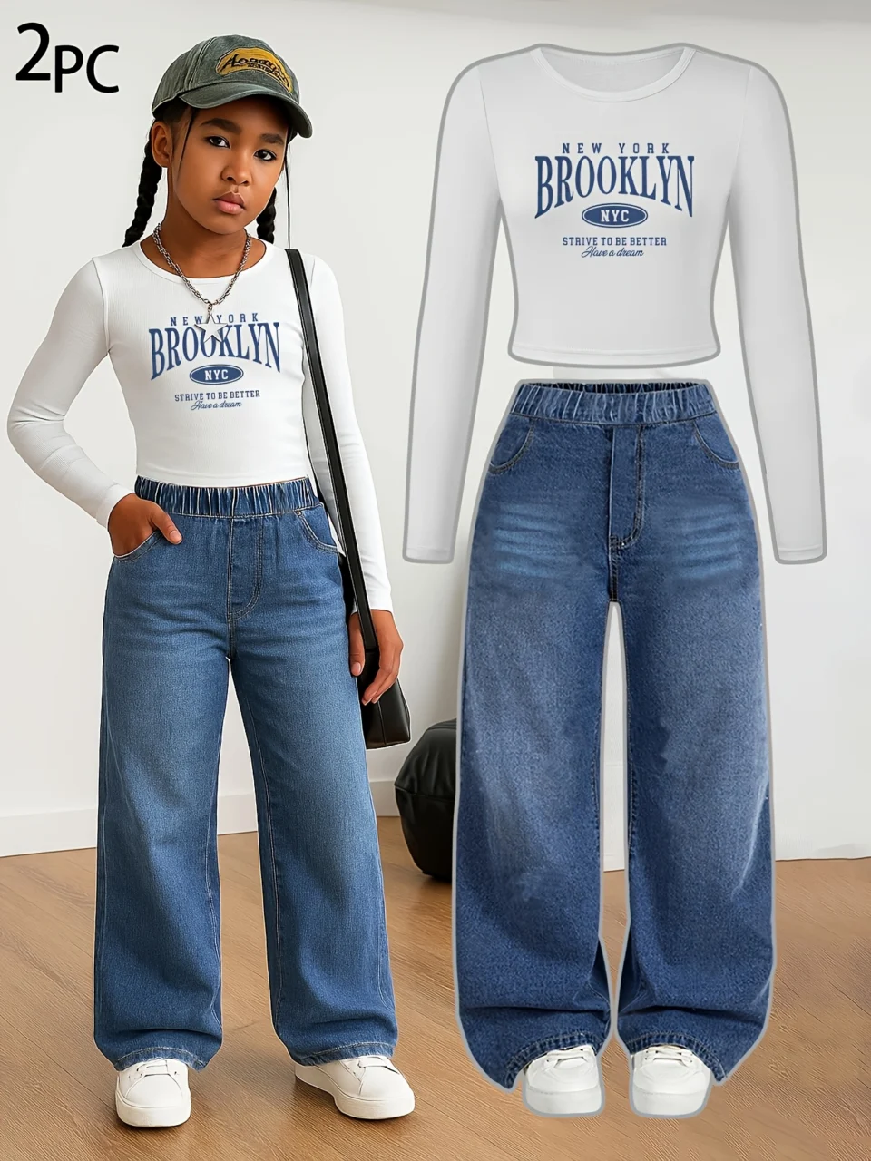 Girls Streetwear Loose Fit Jeans 2-Piece Set Letter Print All Season Stretch