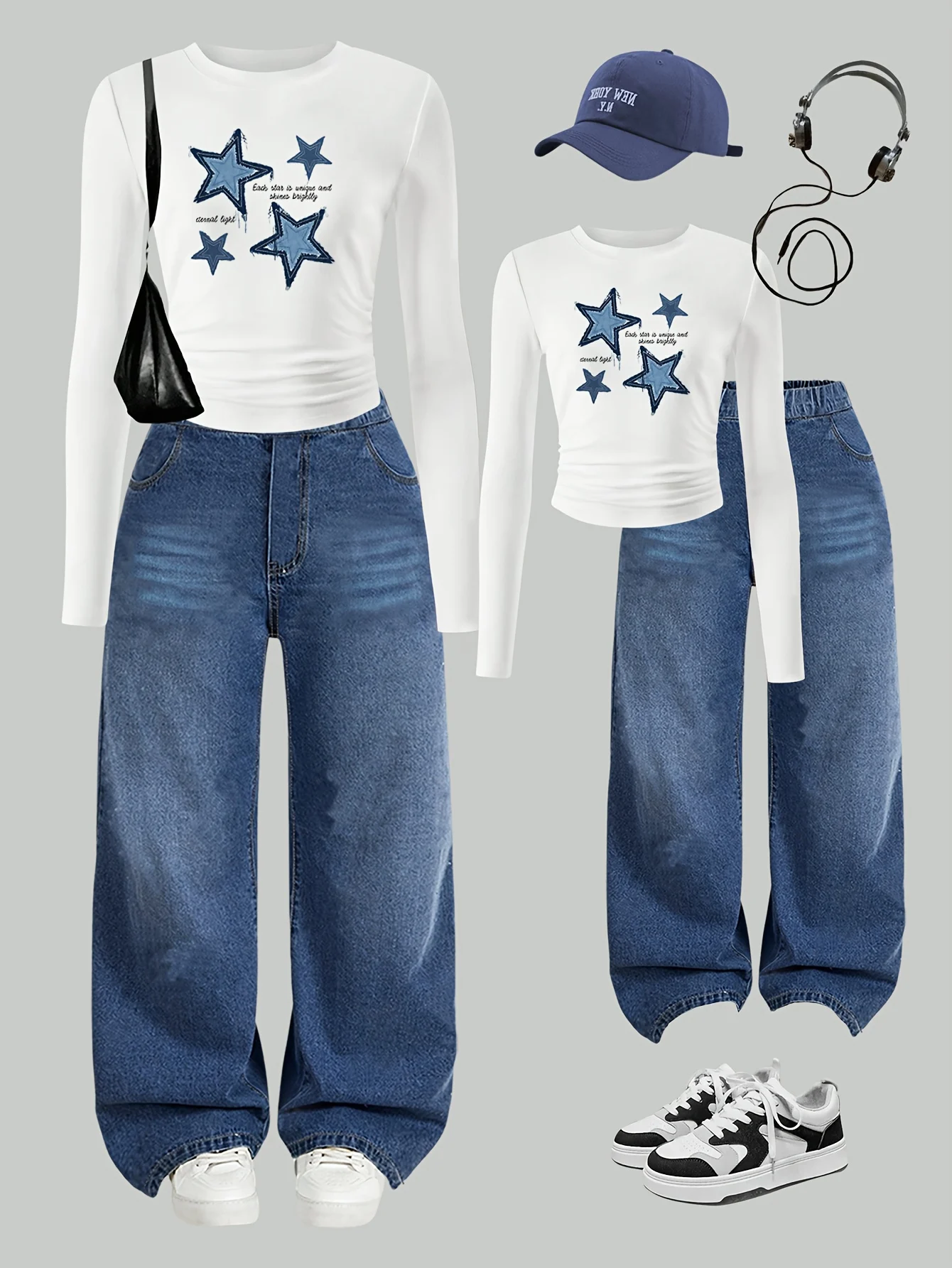 Detail 4 of Girls Streetwear Loose Fit Jeans 2-Piece Set Graphic All Season Stretch - SPUID 2232285088 by LUNORIANA