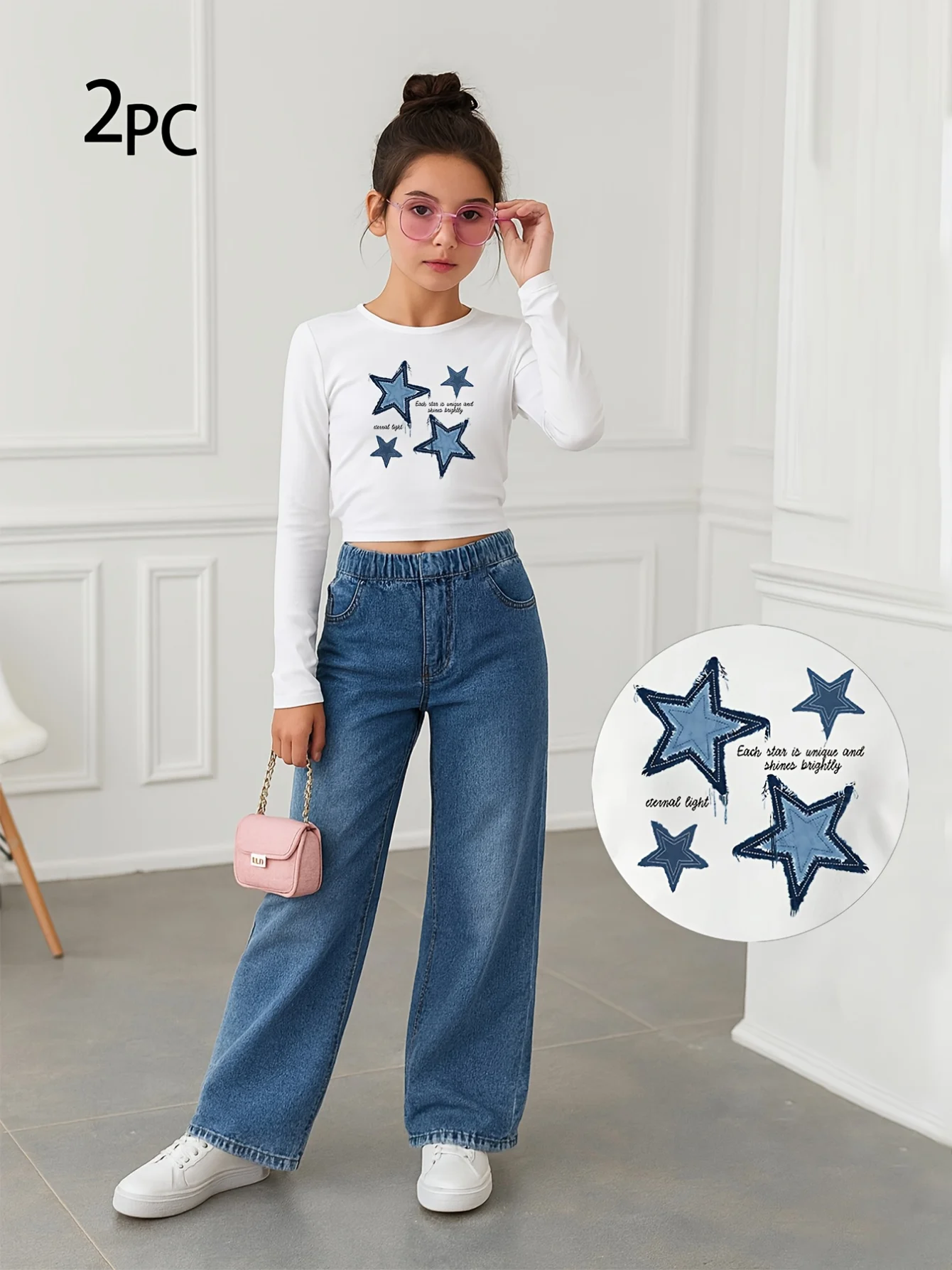 Detail 1 of Girls Streetwear Loose Fit Jeans 2-Piece Set Graphic All Season Stretch - SPUID 2232285088 by LUNORIANA