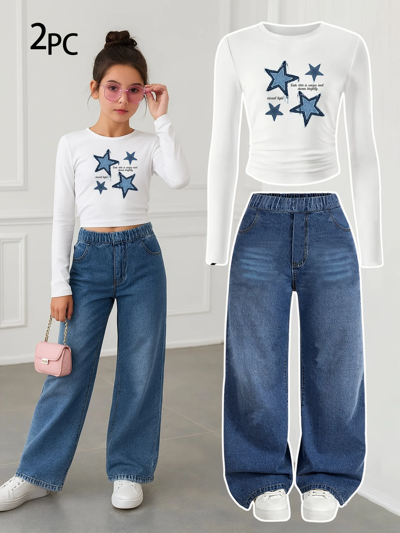 Girls Streetwear Loose Fit Jeans 2-Piece Set Graphic All Season Stretch - SPUID 2232285088