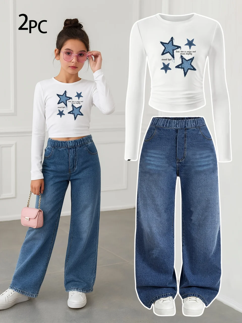 Girls Streetwear Loose Fit Jeans 2-Piece Set Graphic All Season Stretch - SPUID 2232285088