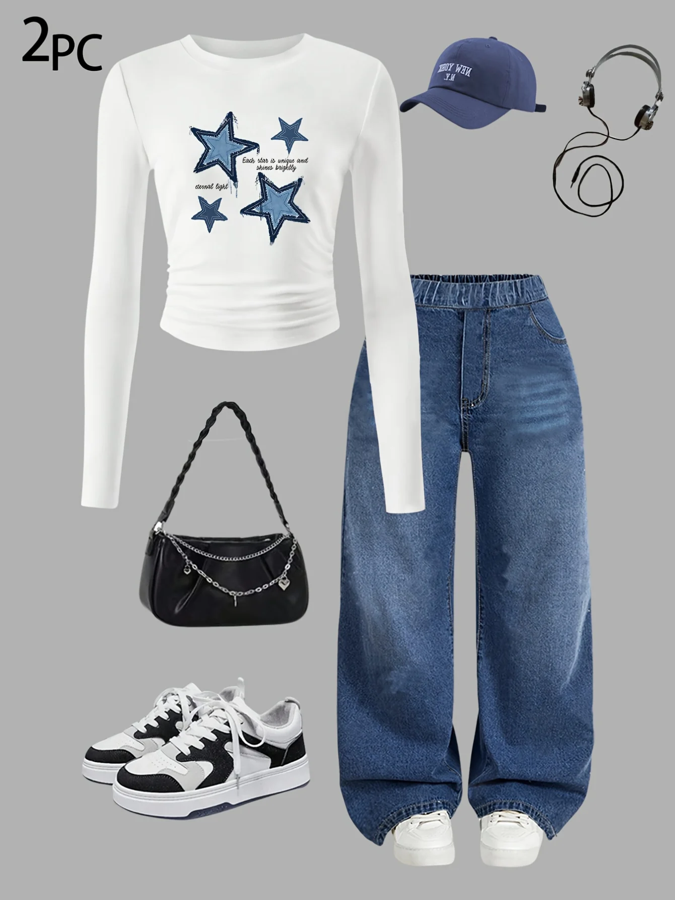 Detail 2 of Girls Streetwear Loose Fit Jeans 2-Piece Set Graphic All Season Stretch - SPUID 2232285088 by LUNORIANA