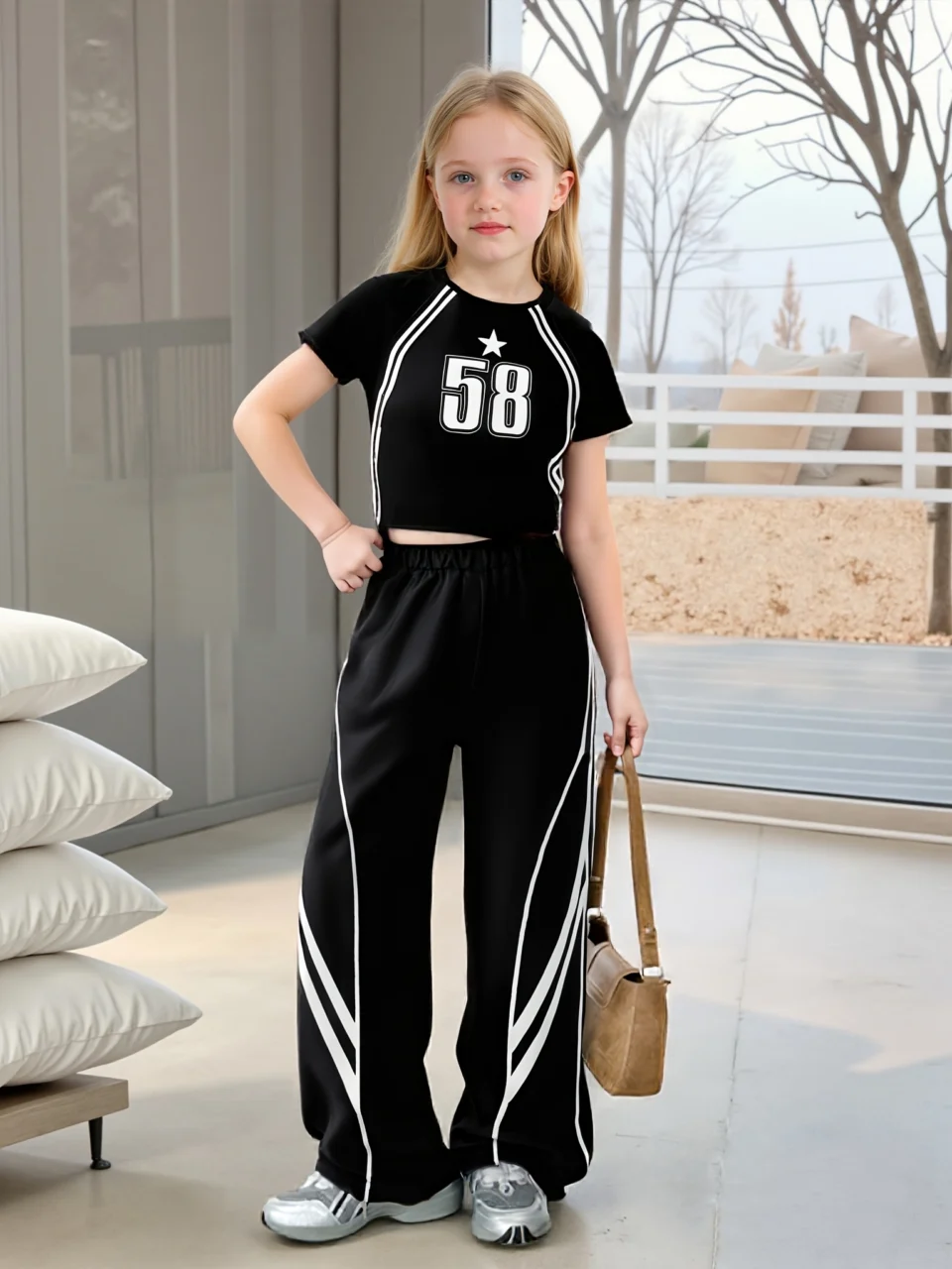 Girls Y2K Loose Fit Sweatpants 2-Piece Set Graphic Print All Season Stretch