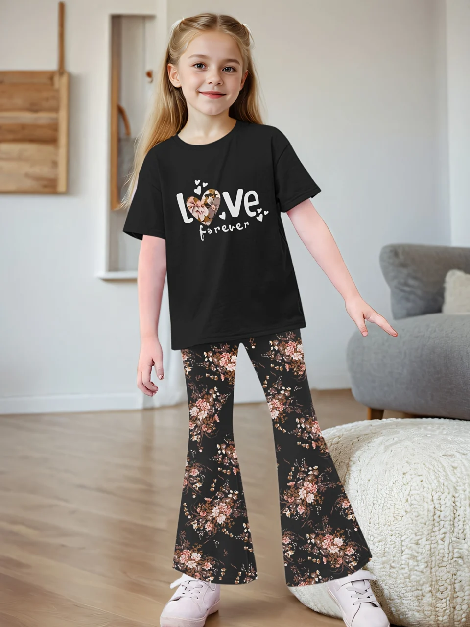 Kids T-Shirt Flare Pants 2-Piece Set Floral Spring Summer Stretch