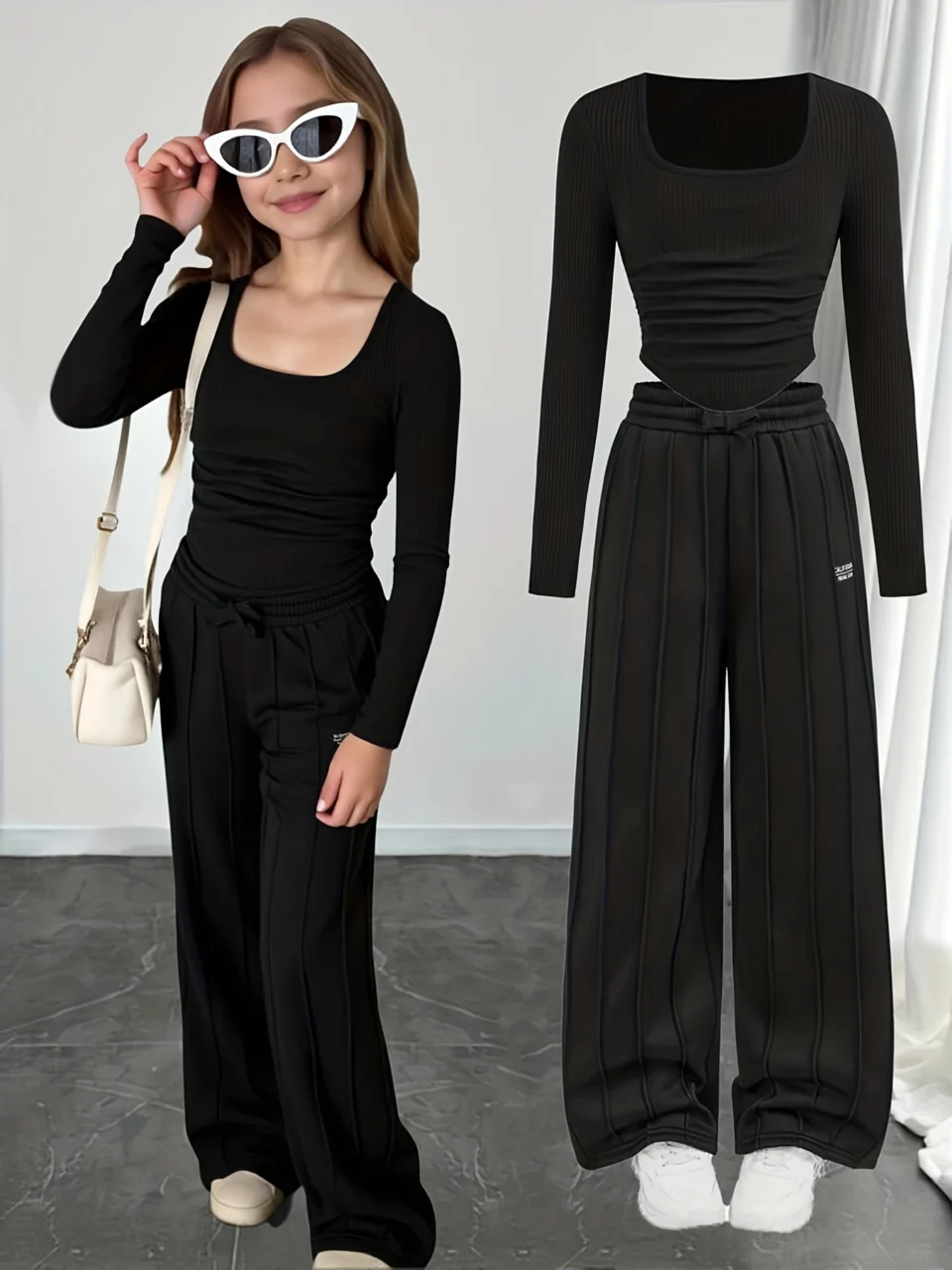 Girls Streetwear Wide Leg Pants 2-Piece Set Solid Fall Winter Stretch