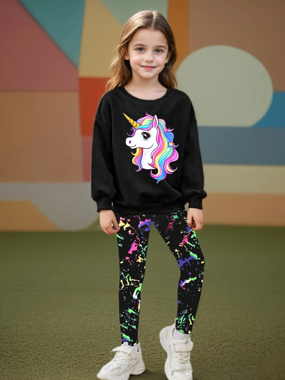 Kids Sweatshirt Pants 2-Piece Set Graphic Fall Stretch