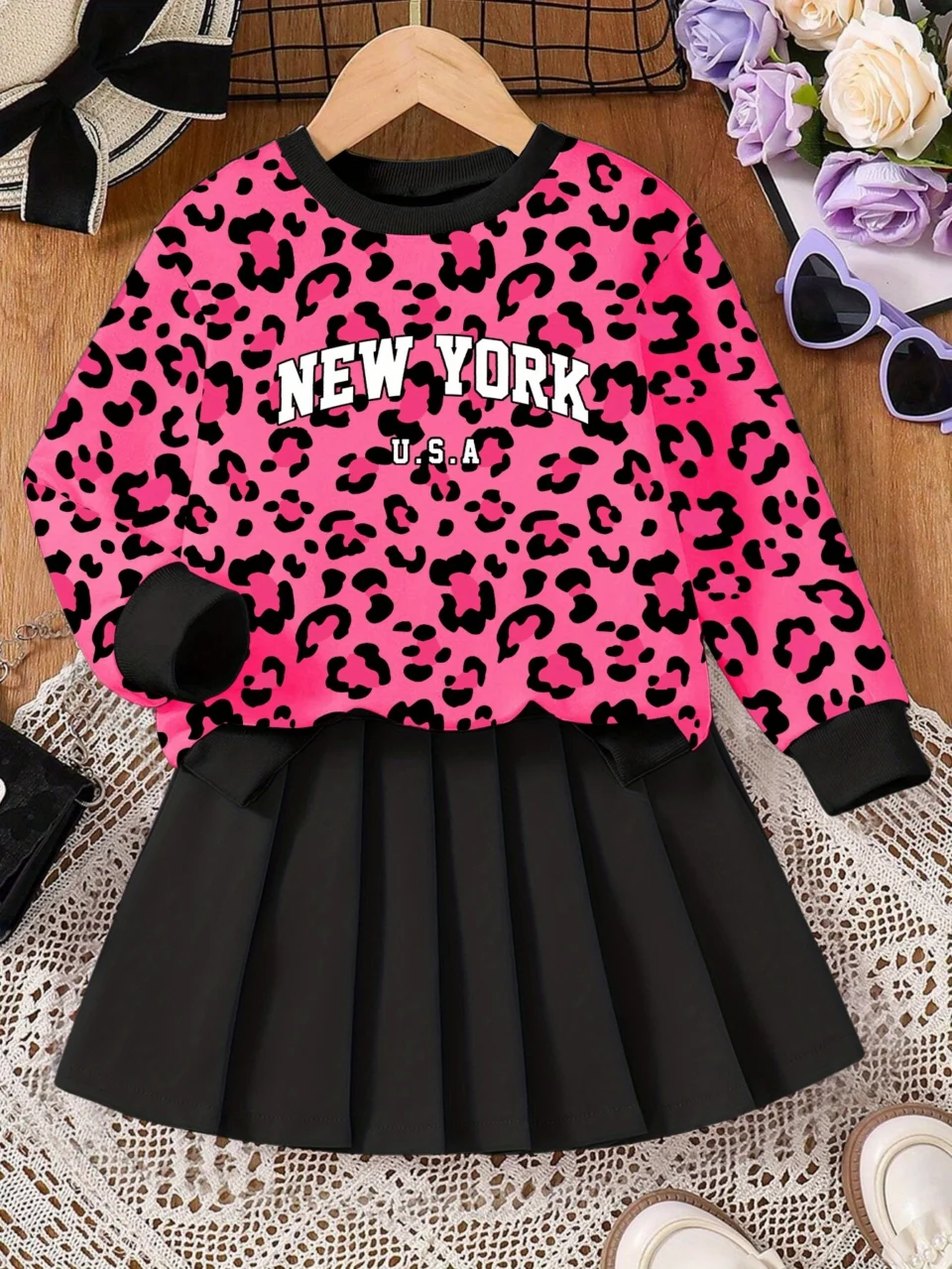 Girls Sweatshirt 2-Piece Set Leopard Print Fall Stretch