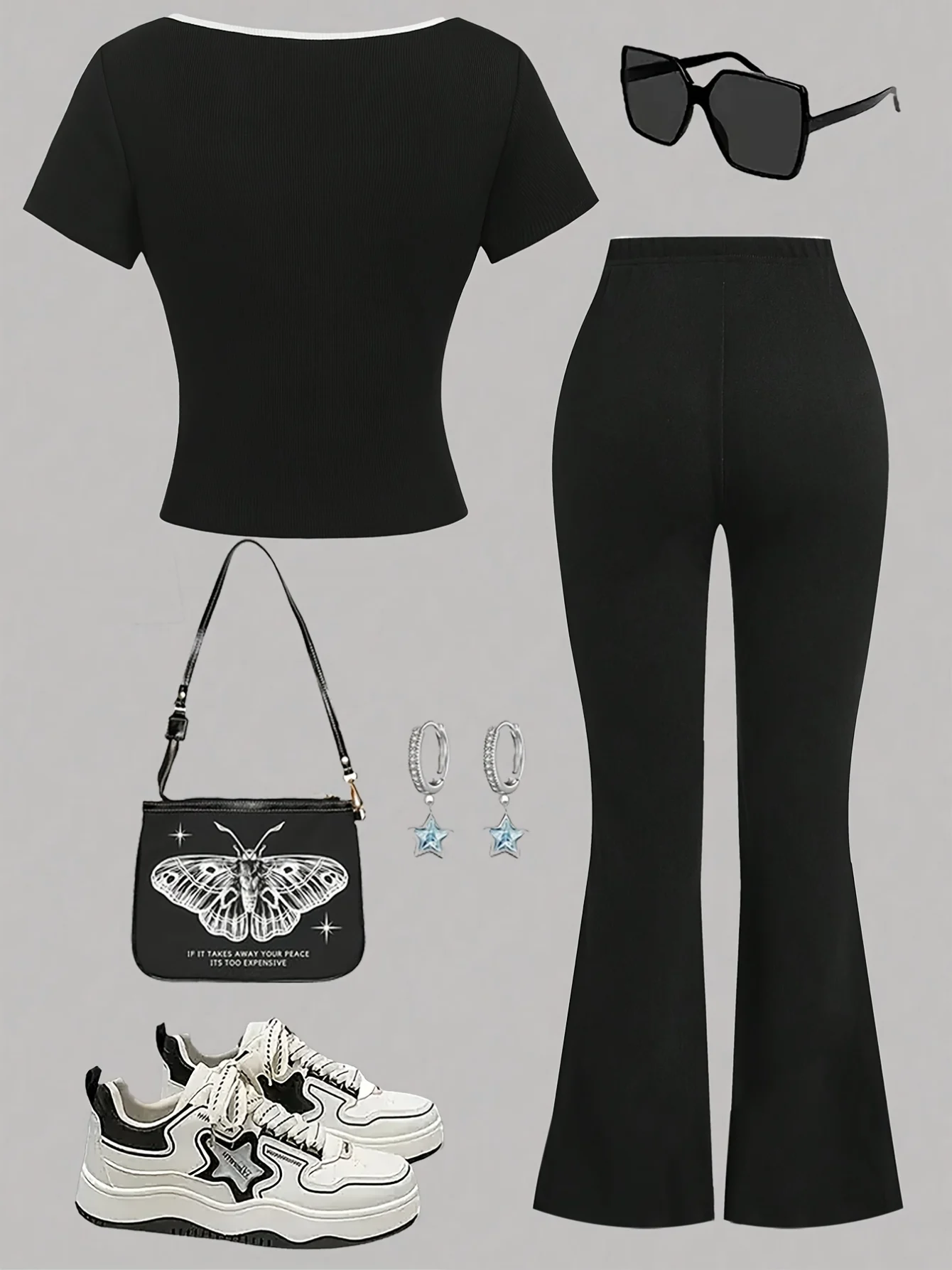 Detail 1 of Girls Y2K T-Shirt Flare Pants 2-Piece Set Graphic Print Spring Summer Stretch by LUNORIANA
