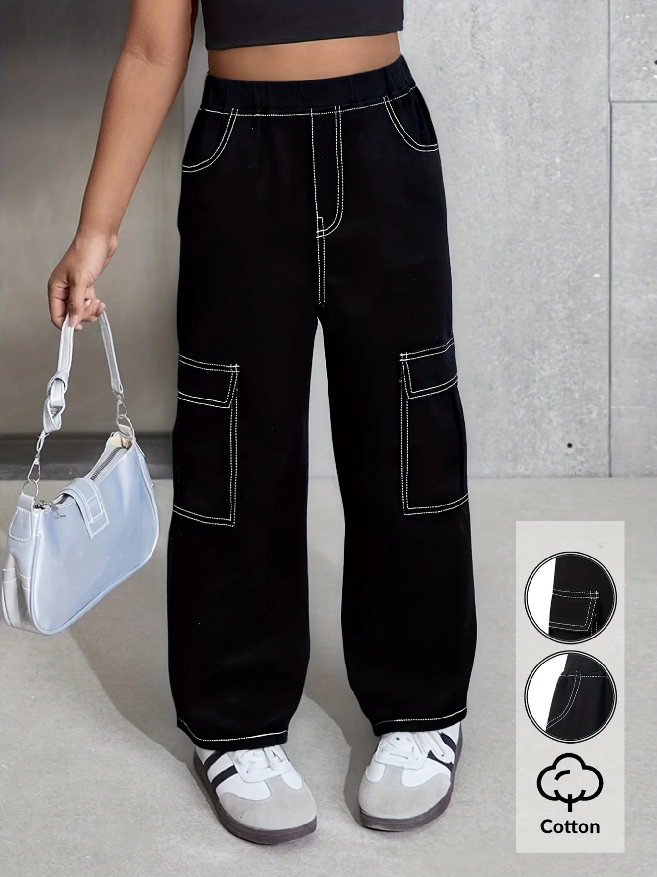 Detail 1 of Girls Y2K Streetwear Cargo Pants Solid All Season Easy Care - SPUID 6002790111 by LUNORIANA