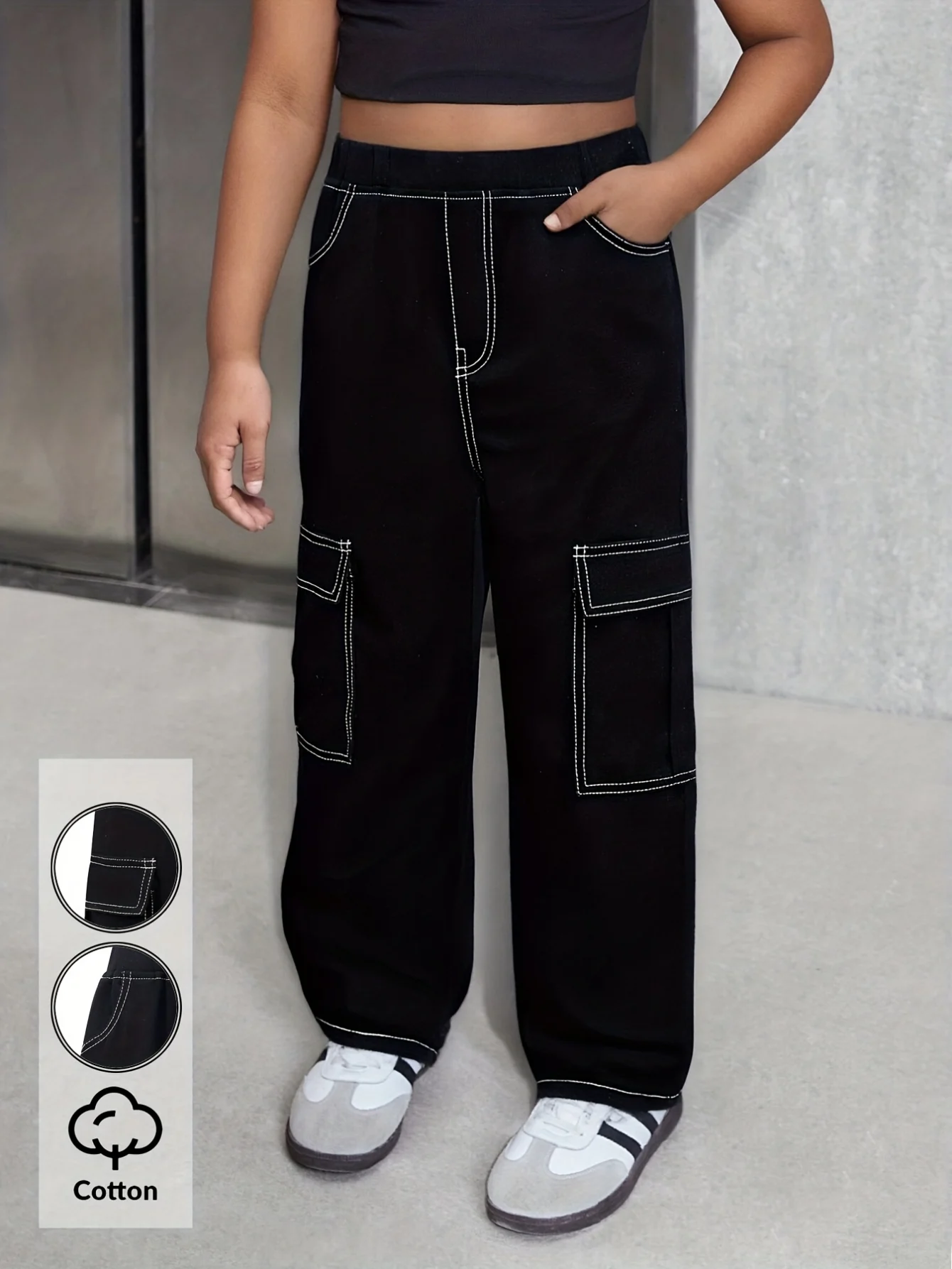 Detail 4 of Girls Y2K Streetwear Cargo Pants Solid All Season Easy Care - SPUID 6002790111 by LUNORIANA