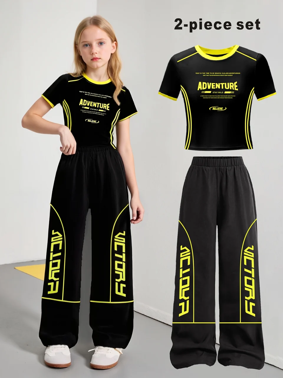 Girls Y2K T-Shirt Wide Leg Pants 2-Piece Set Letter Print Spring Summer Stretch