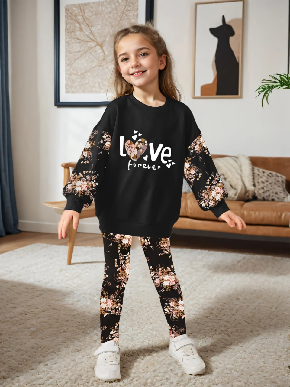 Kids Sweatshirt Pants 2-Piece Set Floral Stretch