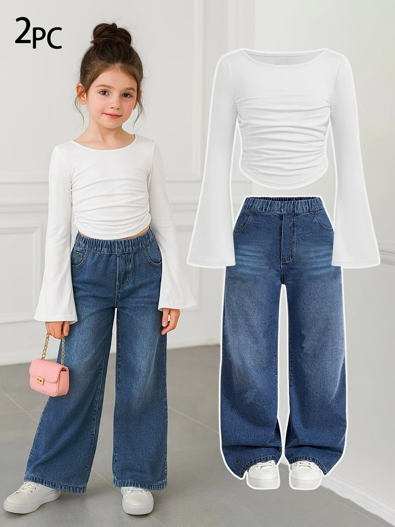Girls Loose Fit T-Shirt Jeans 2-Piece Set Solid All Season Stretch
