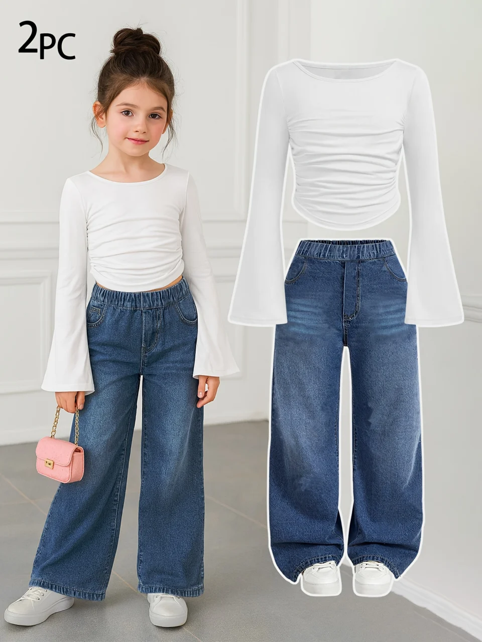 Girls Loose Fit T-Shirt Jeans 2-Piece Set Solid All Season Stretch