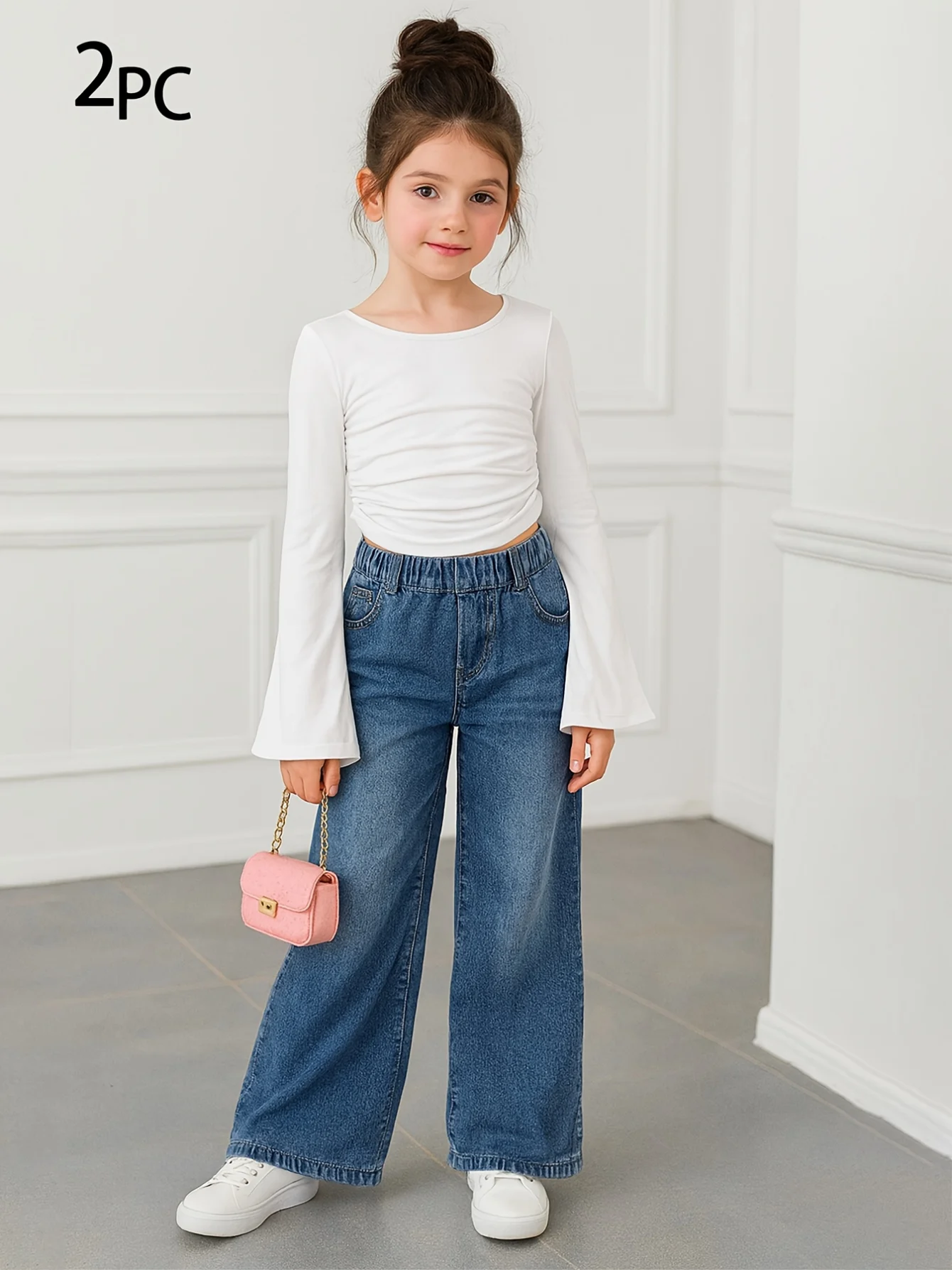 Detail 3 of Girls Loose Fit T-Shirt Jeans 2-Piece Set Solid All Season Stretch by LUNORIANA